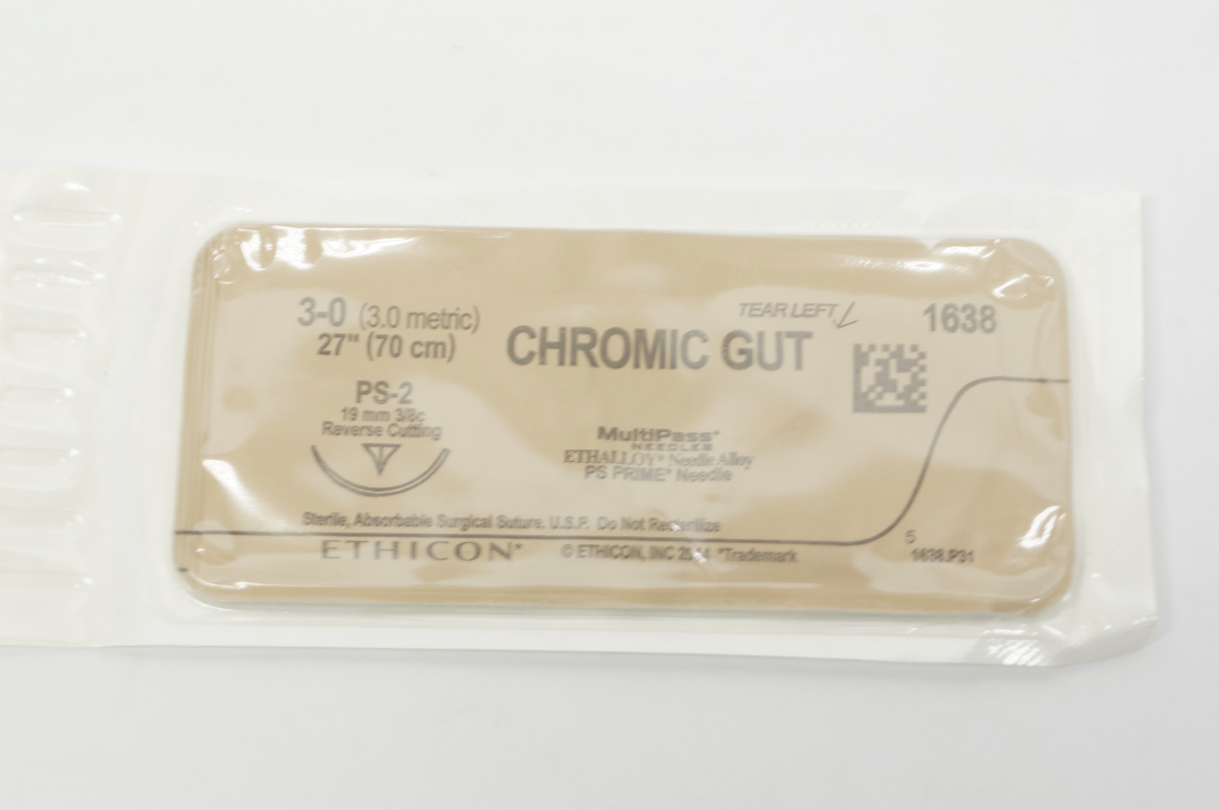 Ethicon 1638 3-0 Chromic Gut PS-2 19mm 3/8c Reverse Cutting, 27inch (x)