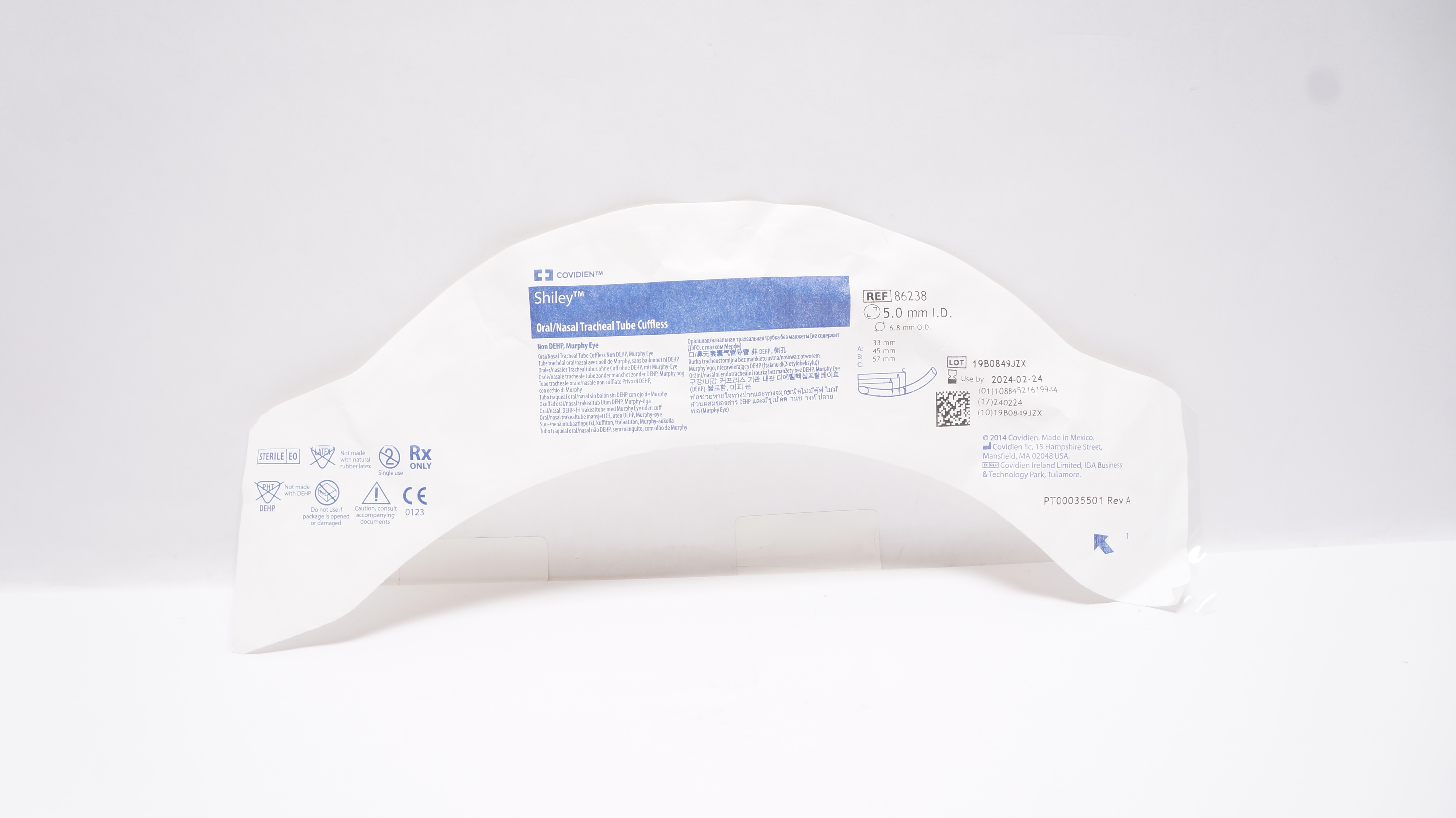 Covidien 86238 Shiley Oral/Nasal Tracheal Tube Cuffless 5.0mm ID x 6.8mm OD (x)
