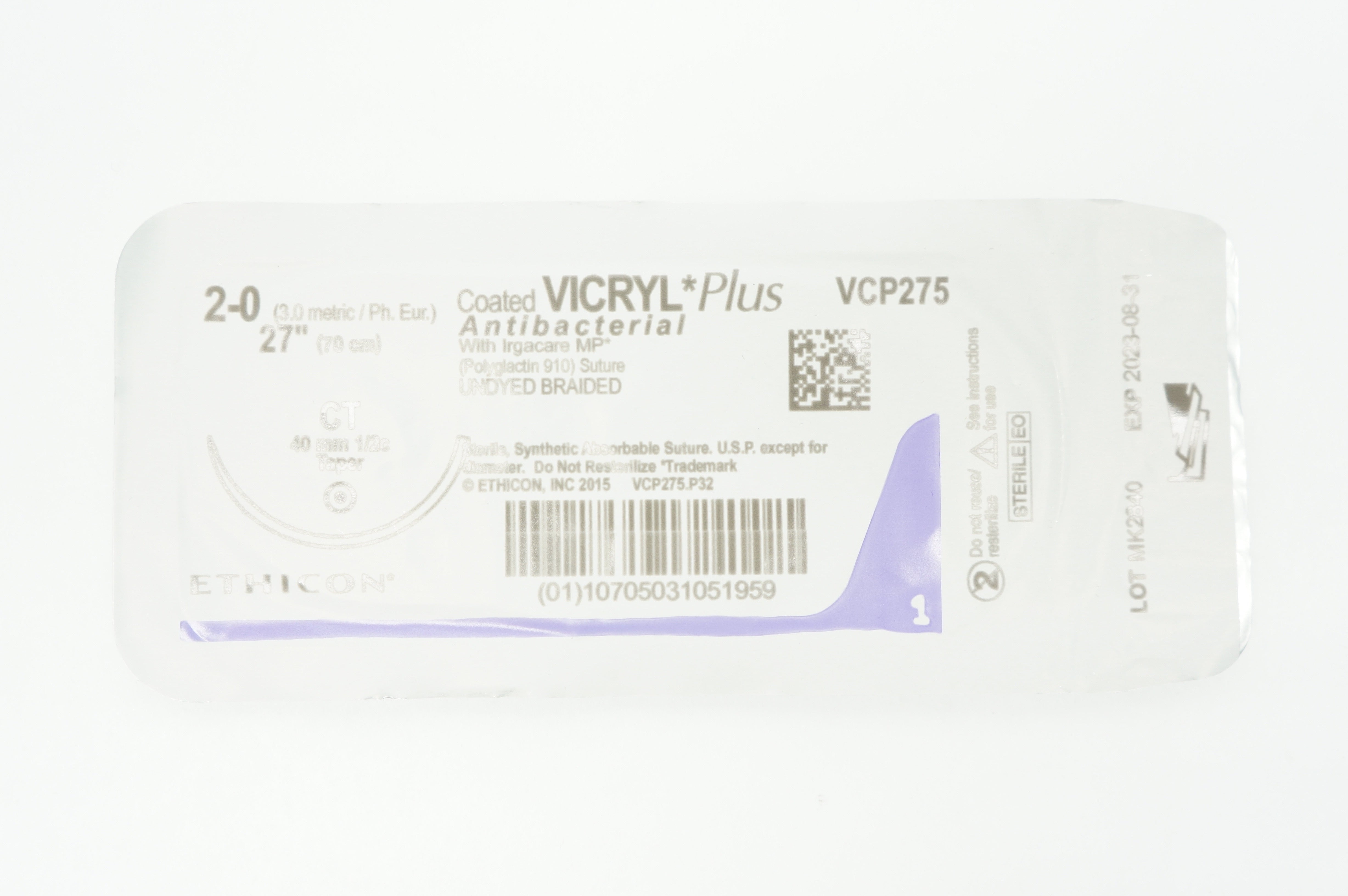 Ethicon VCP275 2-0 VICRYL Plus CT 40mm 1/2c Taper 27 inch