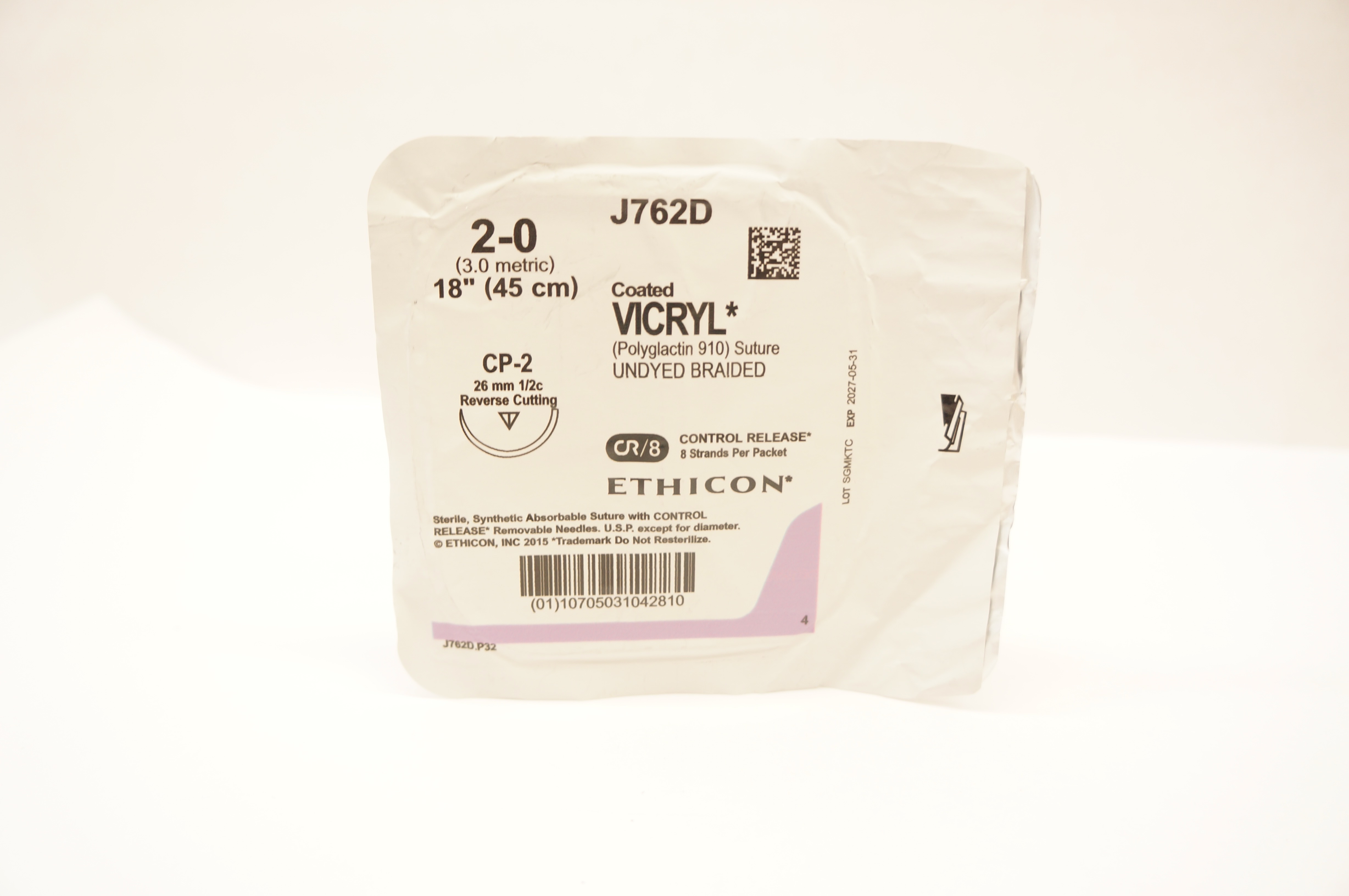 Ethicon J762D 2-0 Coated VICRYL Stre CP-2 26mm 1/2c Reverse Cutting, 18inch