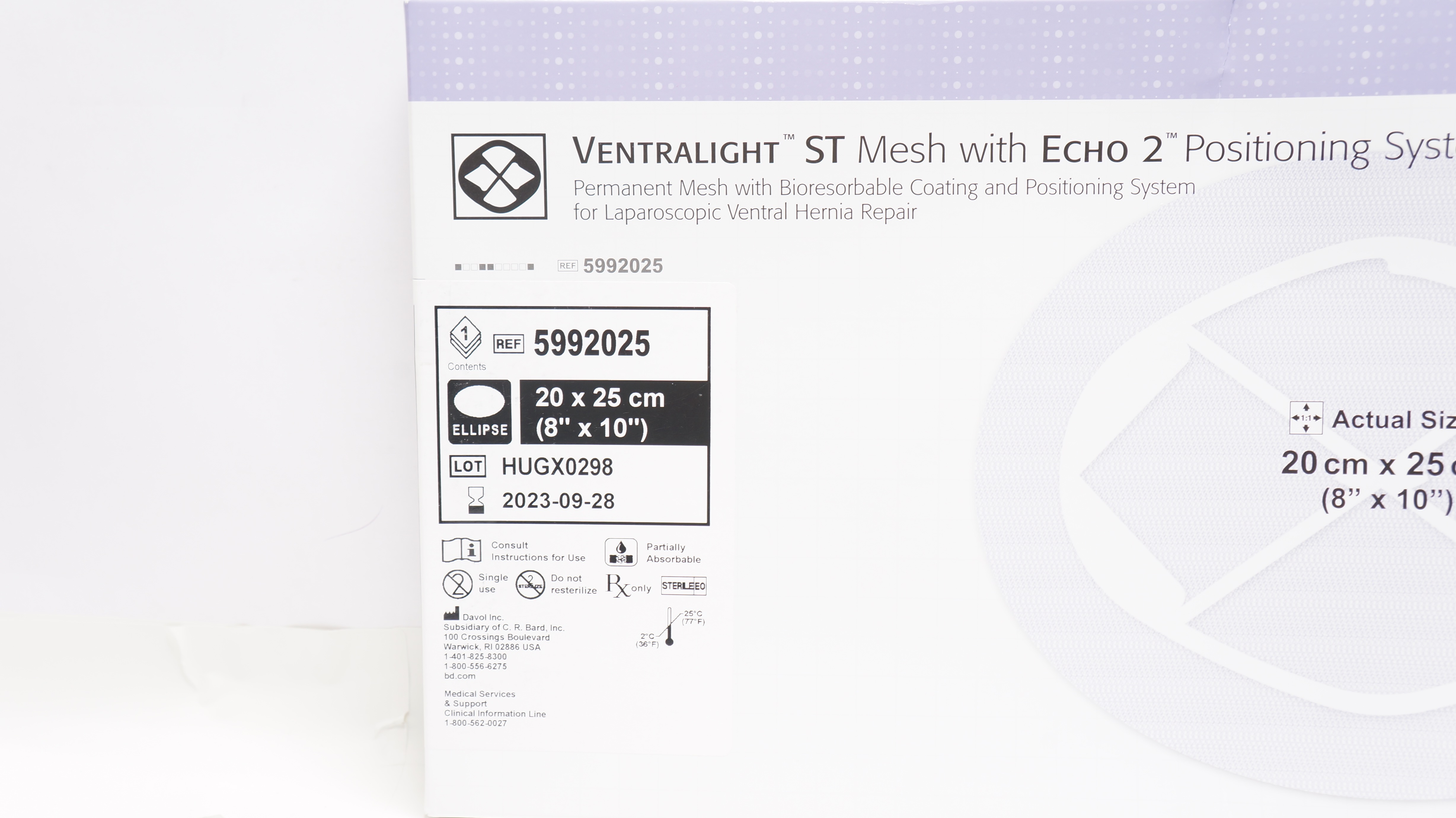 Bard 5992025 Ventralight ST Mesh with Echo 2 PS 8inch x 10inch Ellipse (x)