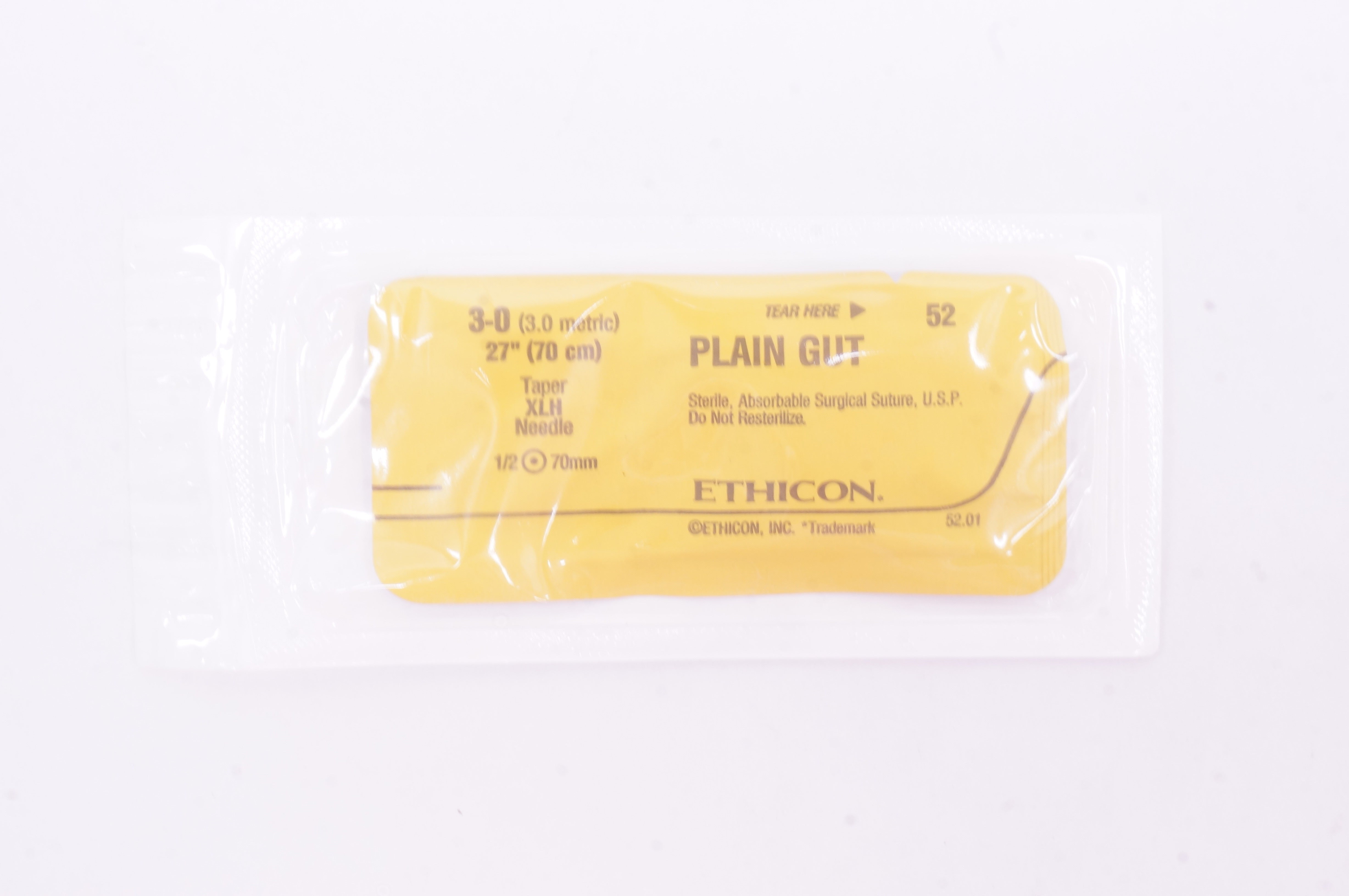 Ethicon 52 3-0 Plain Gut Stre Taper XLH Ndle 1/2 70mm, 27 inch (x)