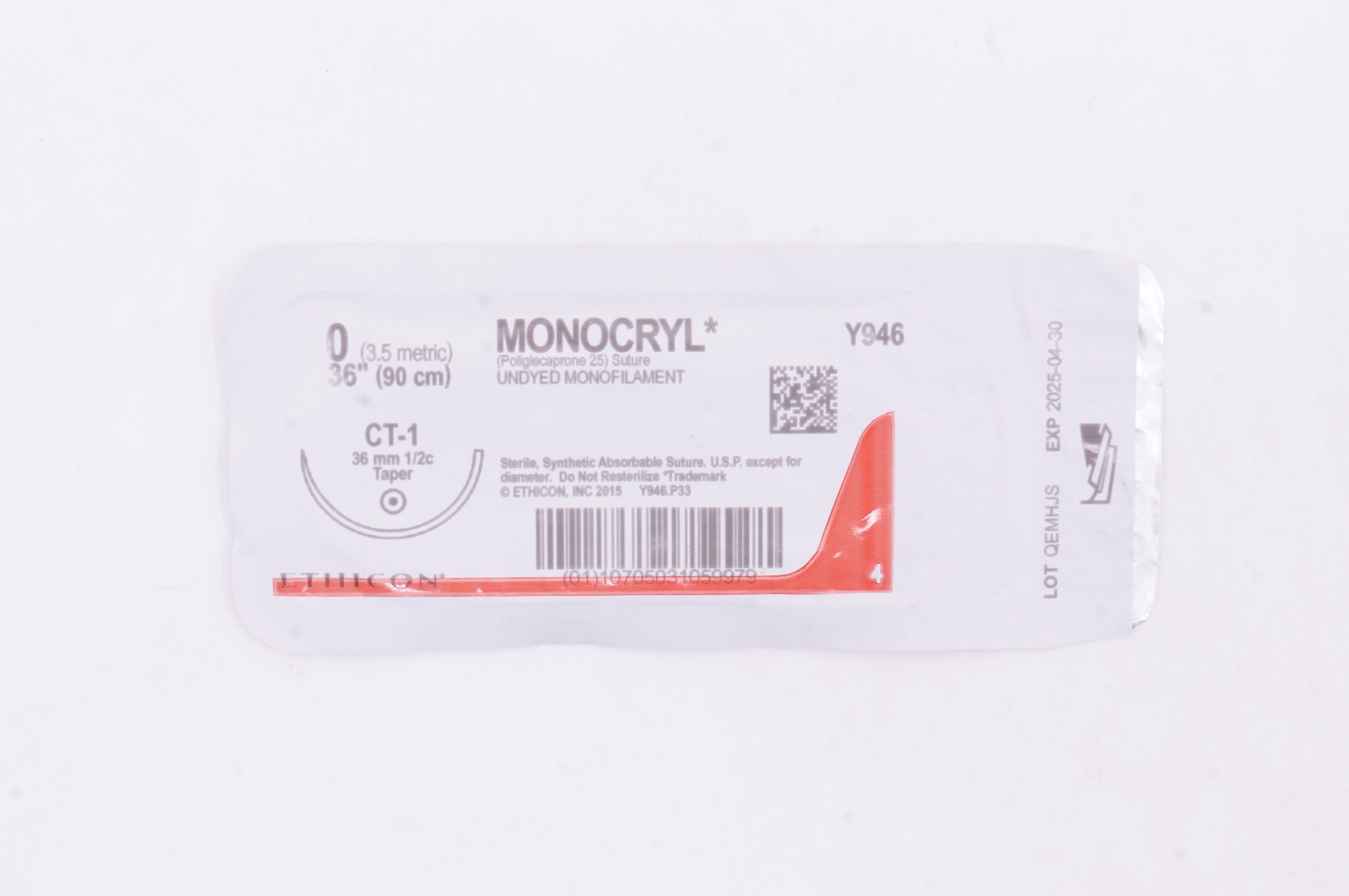 Ethicon Y946 0 MONOCRYL,  Undyed Monofilament, CT-1, 36mm 1/2c Taper, 36inch