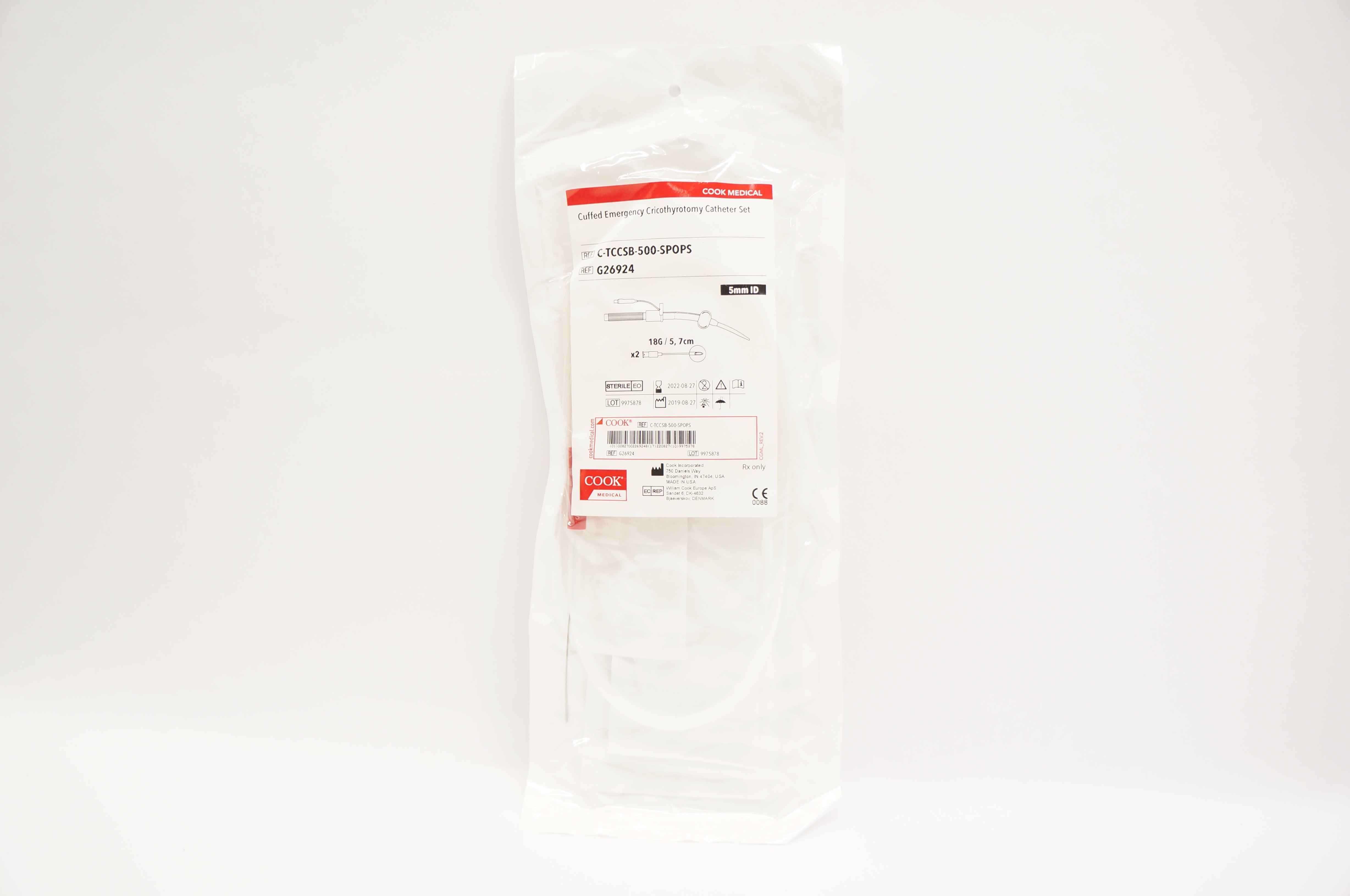 Cook Medical G26924 Cuffed Emergency Cricothyrotomy Cath. Set 5mm ID x 18G (x)