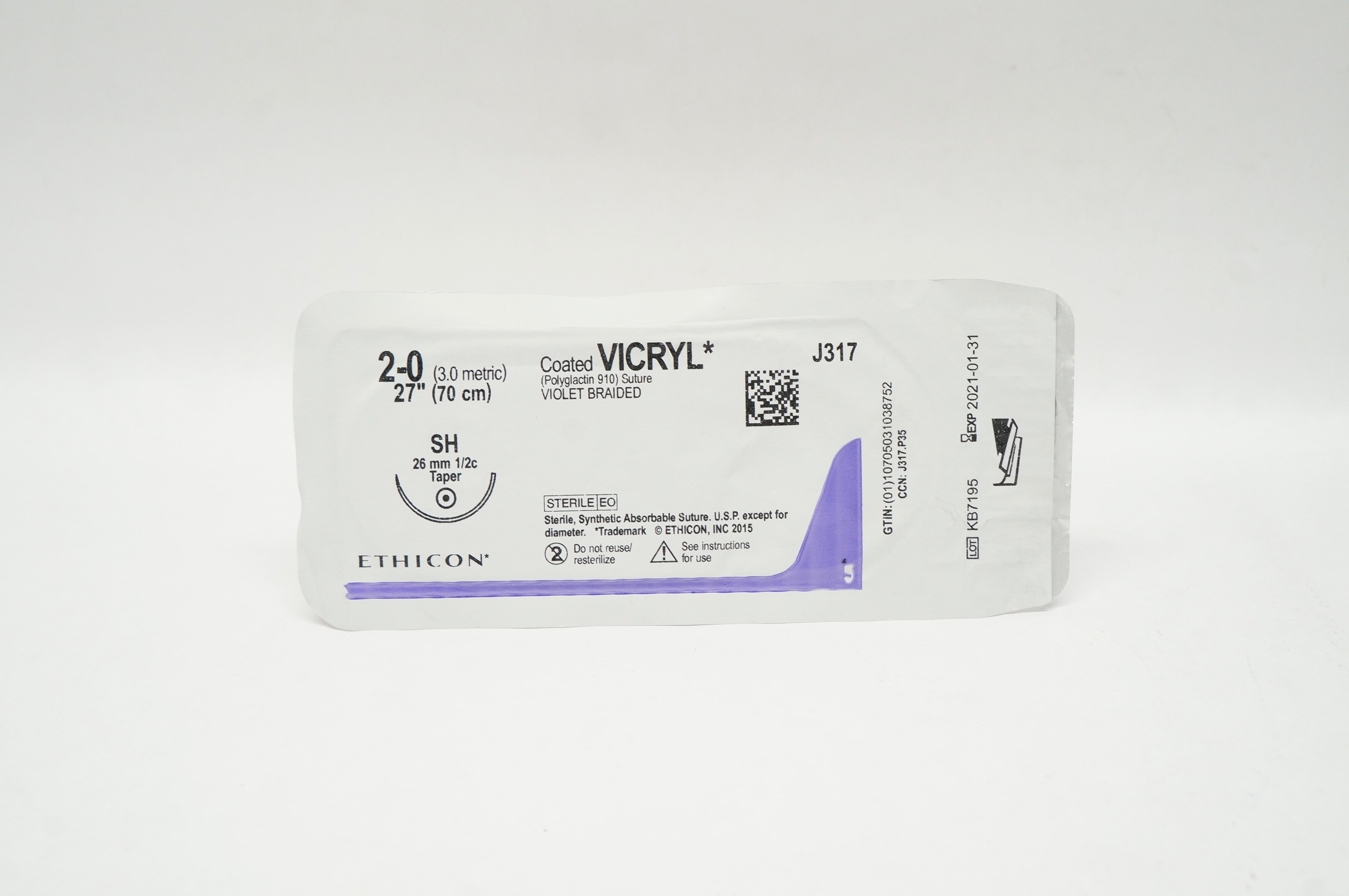 Ethicon J317 2-0 Coated VICRYL Polyglactin Stre SH 26mm 1/2c Taper, 27inch (x)