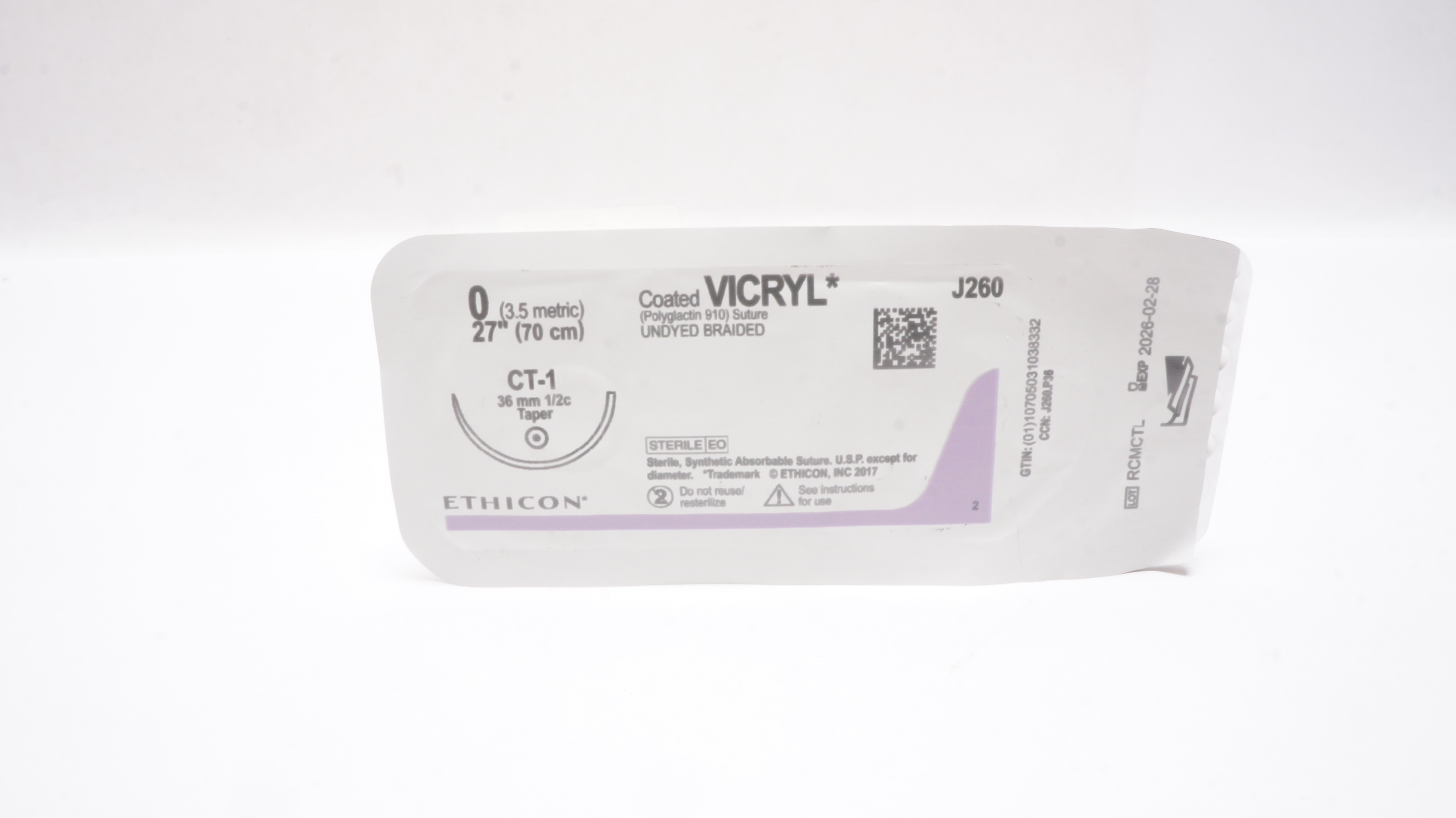 Ethicon J260 0 Coated VICRYL Undyed Braided, CT-1, 36mm 1/2c Taper, 27inch
