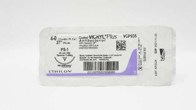 Ethicon VCP935 4-0 Vicryl Plus Stre PS-1 24mm 3/8c Reverse Cutting 27in (x)