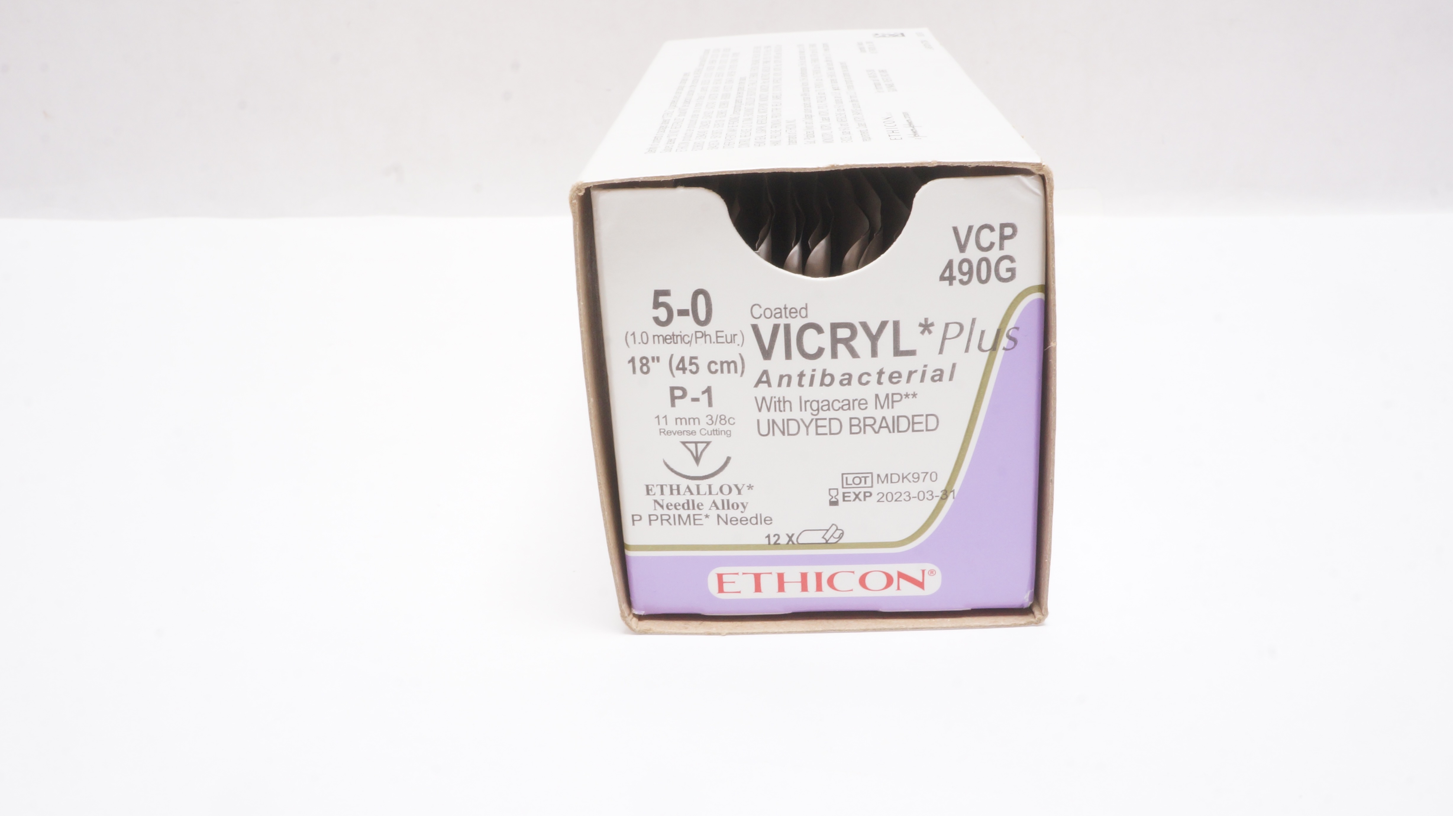 Ethicon VCP490G VICRYL Plus, P-1, Undyed Braided 18 -Box of 12