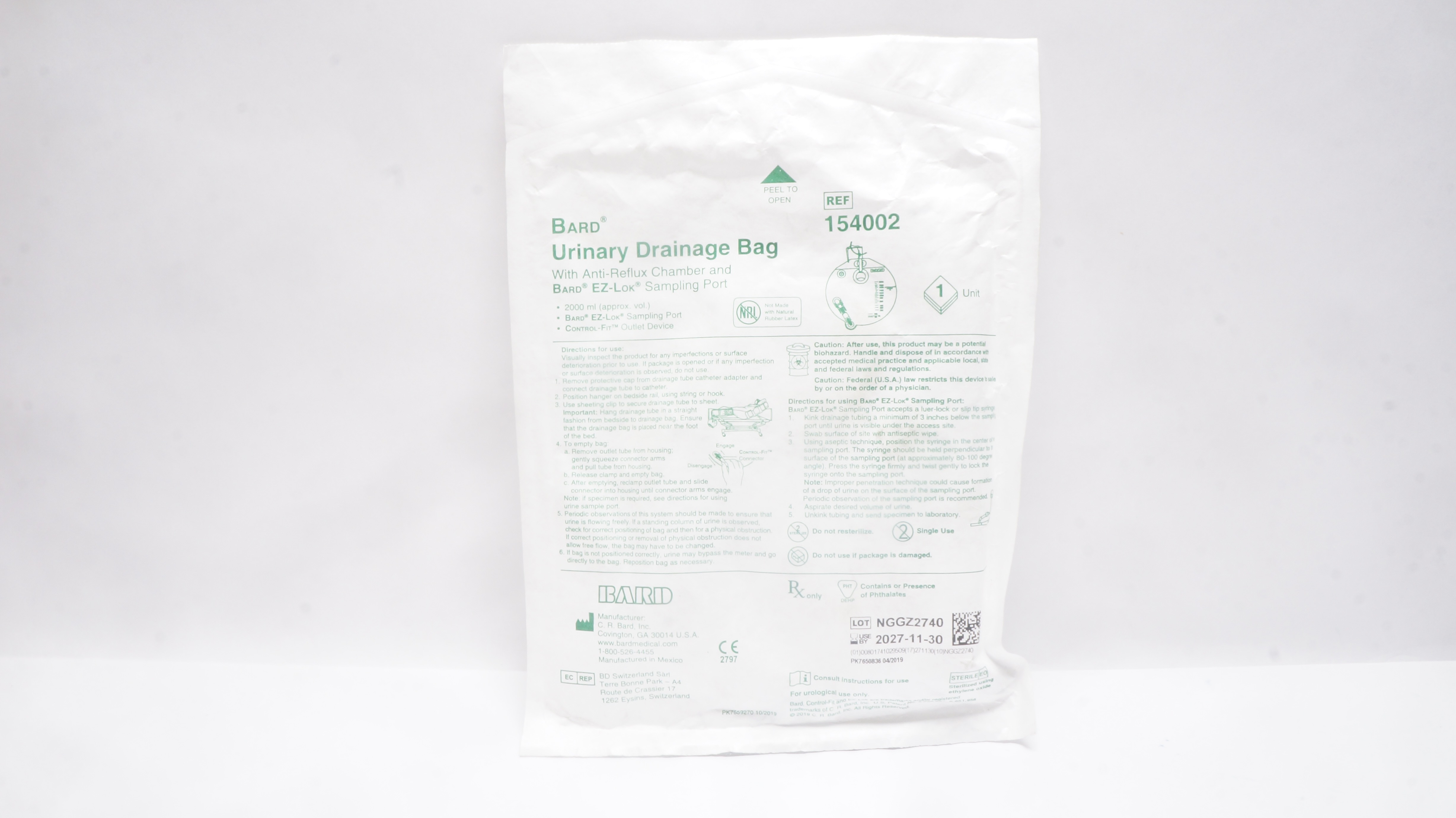 Bard 154002 Urinary Drainage Bag with Anti-Reflux Chamber & Sampling Port 2000ml