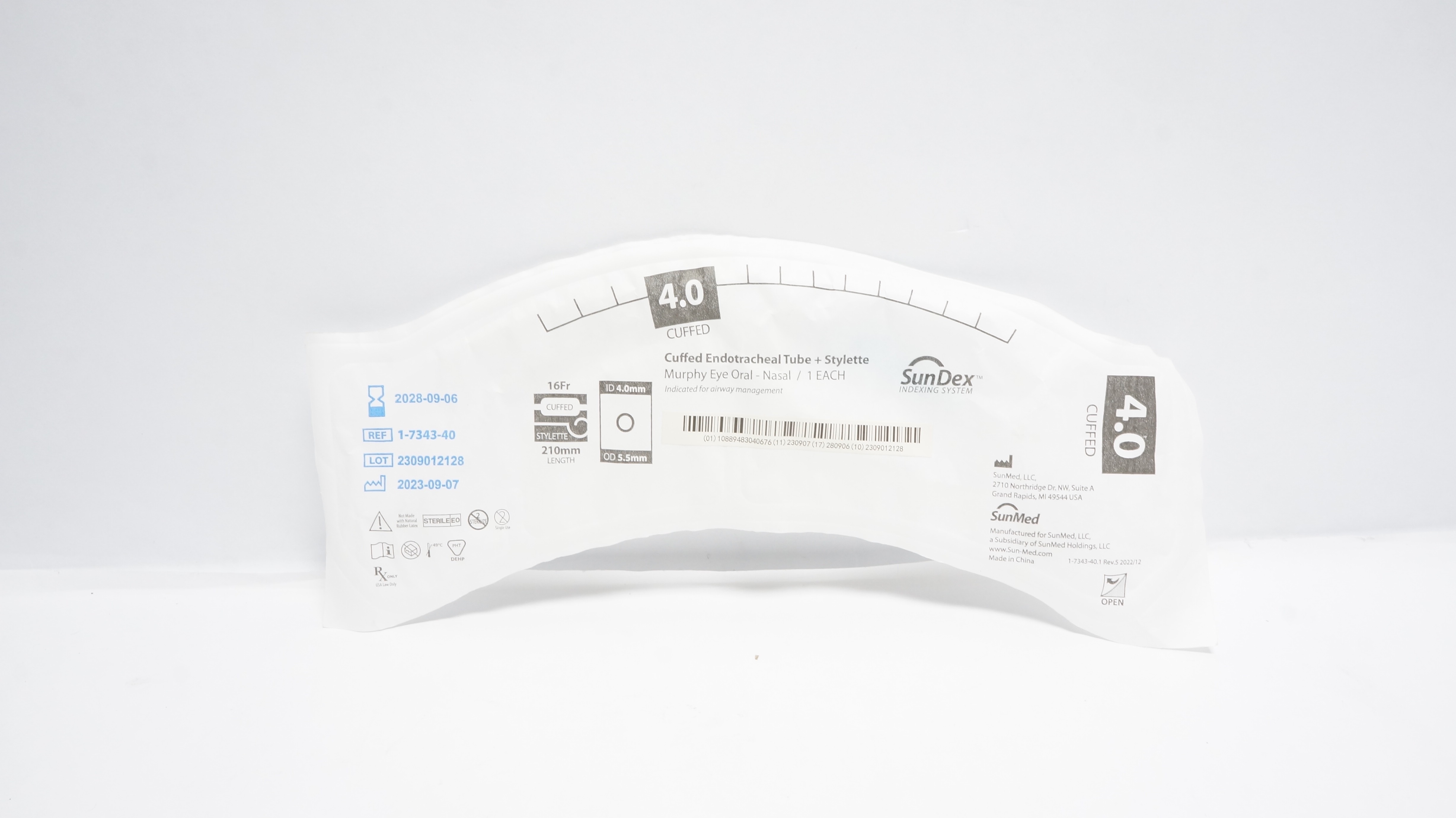 SunMed 1-7343-40 Endotracheal Tube Cuffed W/Stylette 4.0mm 16Fr