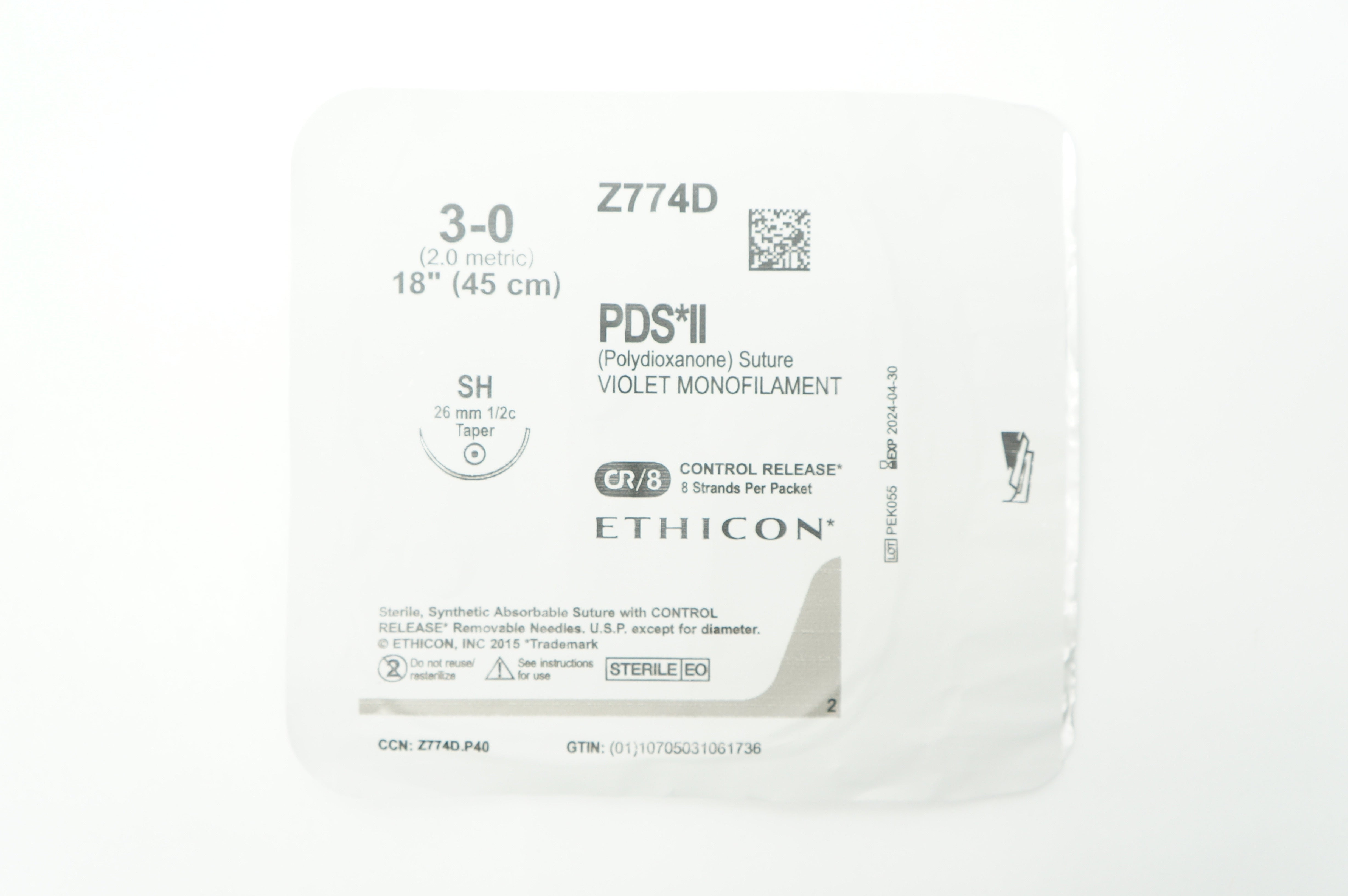 Ethicon Z774D 3-0 PDS II SH 26mm 1/2c Taper 18inch