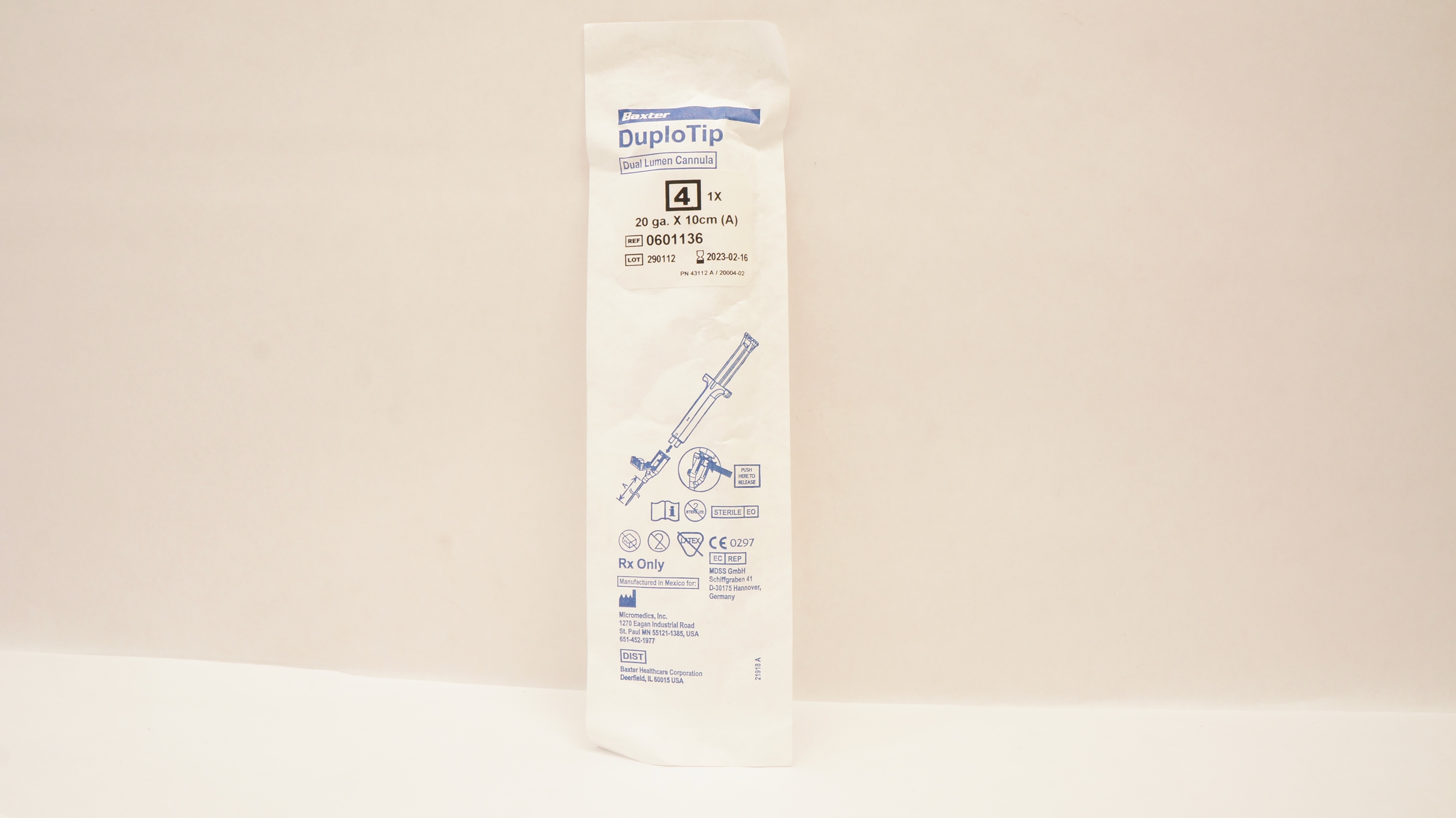 Baxter 0601136 DuploTip Dual Lumen Cannula 20 ga. x 10cm