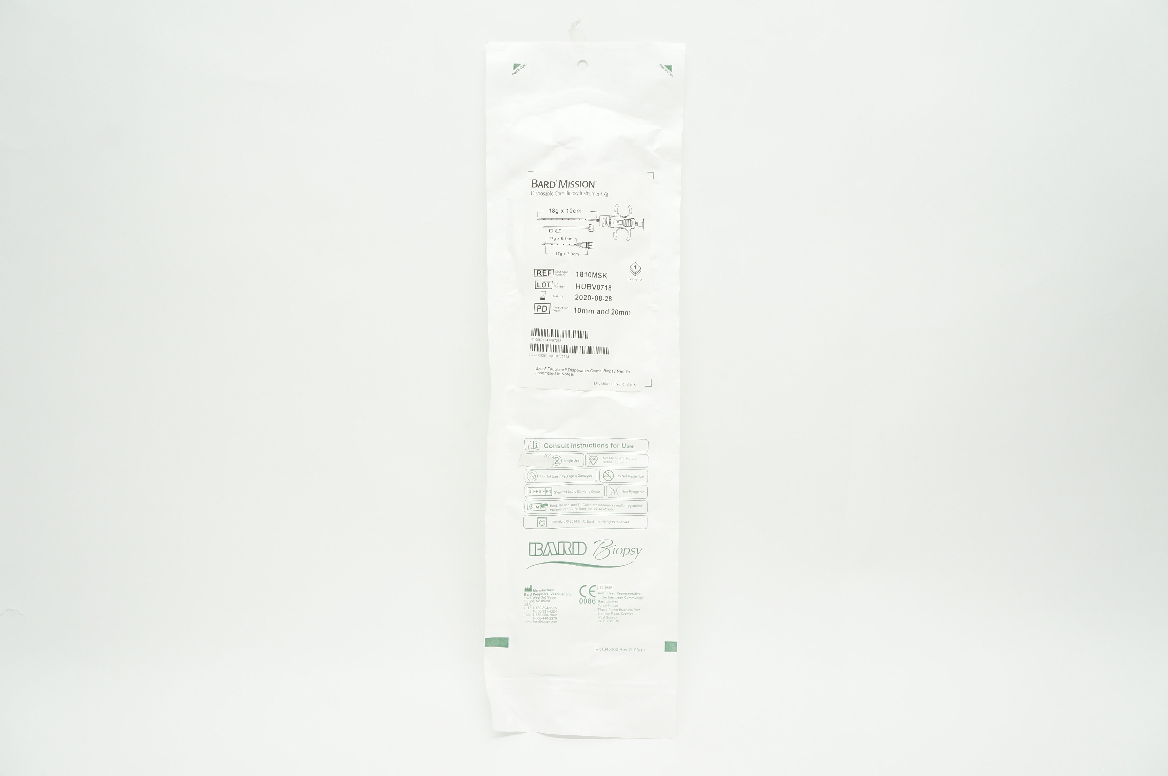 Bard 1810MSK Mission Disposable Core Biopsy Instrument Kit 18G x 10cm (x)