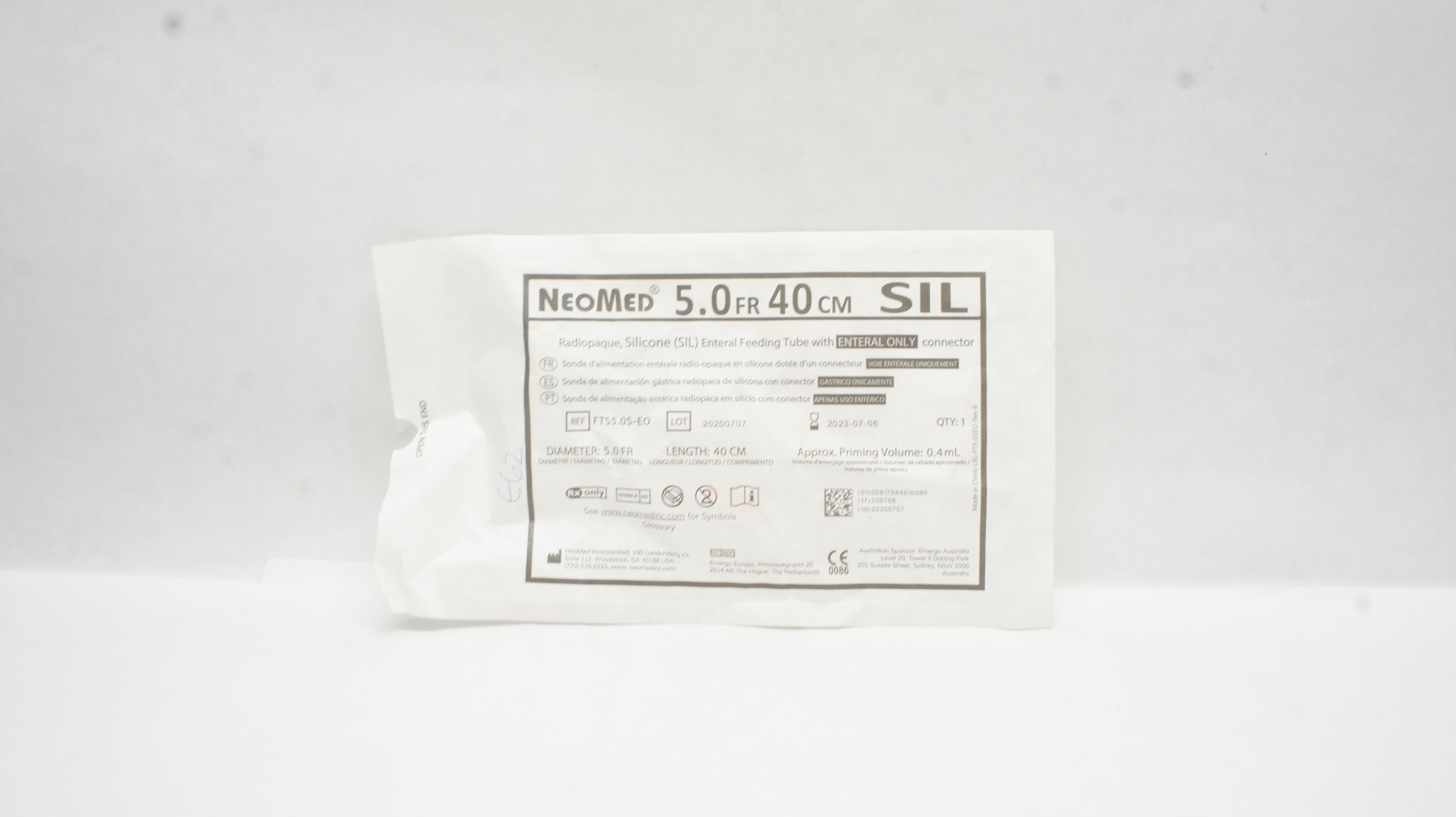 NeoMed FTS5.0S-EO Radiopaque, Silicone Enteral Feeding Tube 5.0Fr x 40cm, 0.4mL