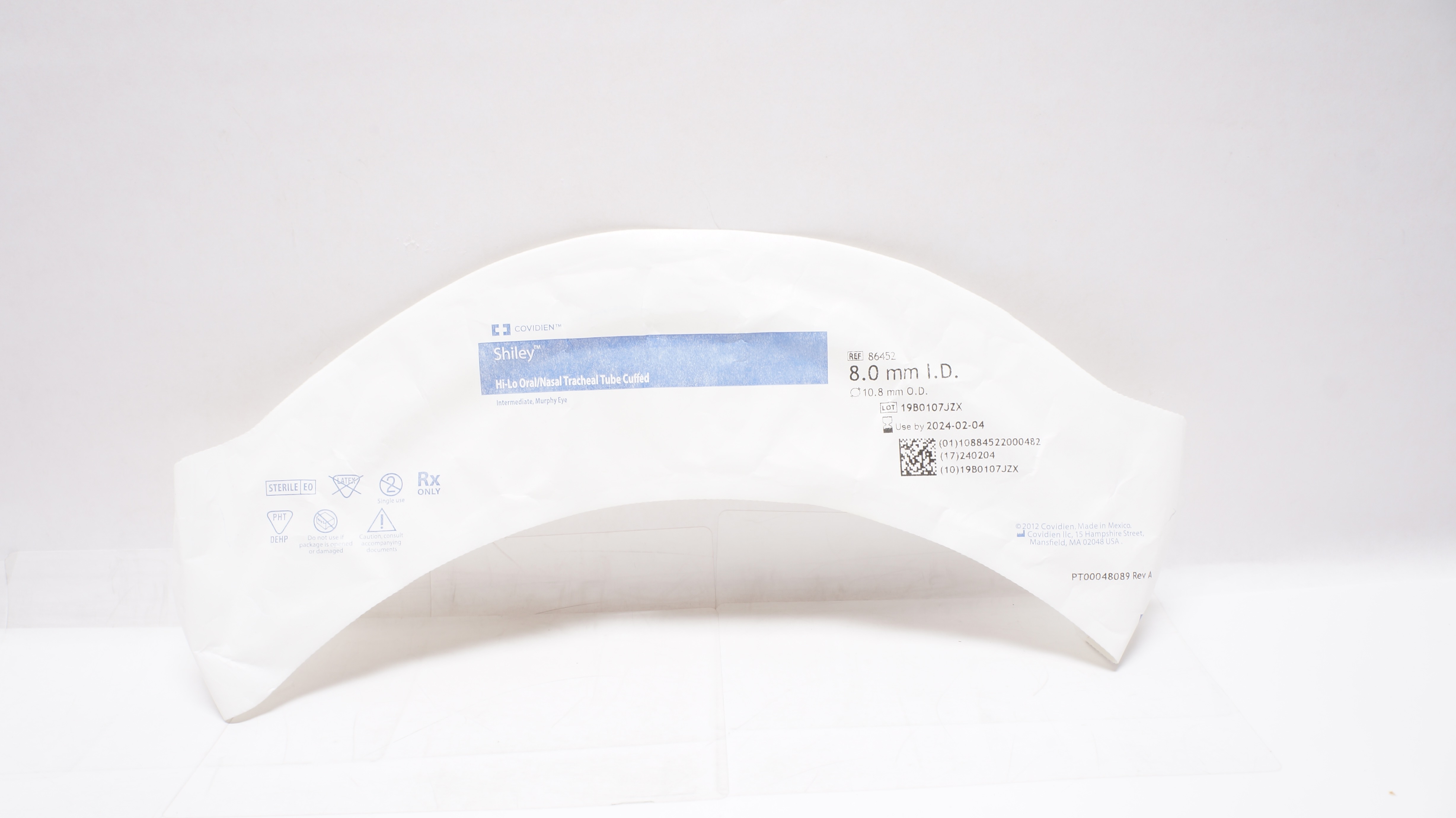 Covidien 86452 Shiley Hi-Lo Oral/Nasal Tracheal Tube Cuffed 8.0ID x 10.8mmOD (x)