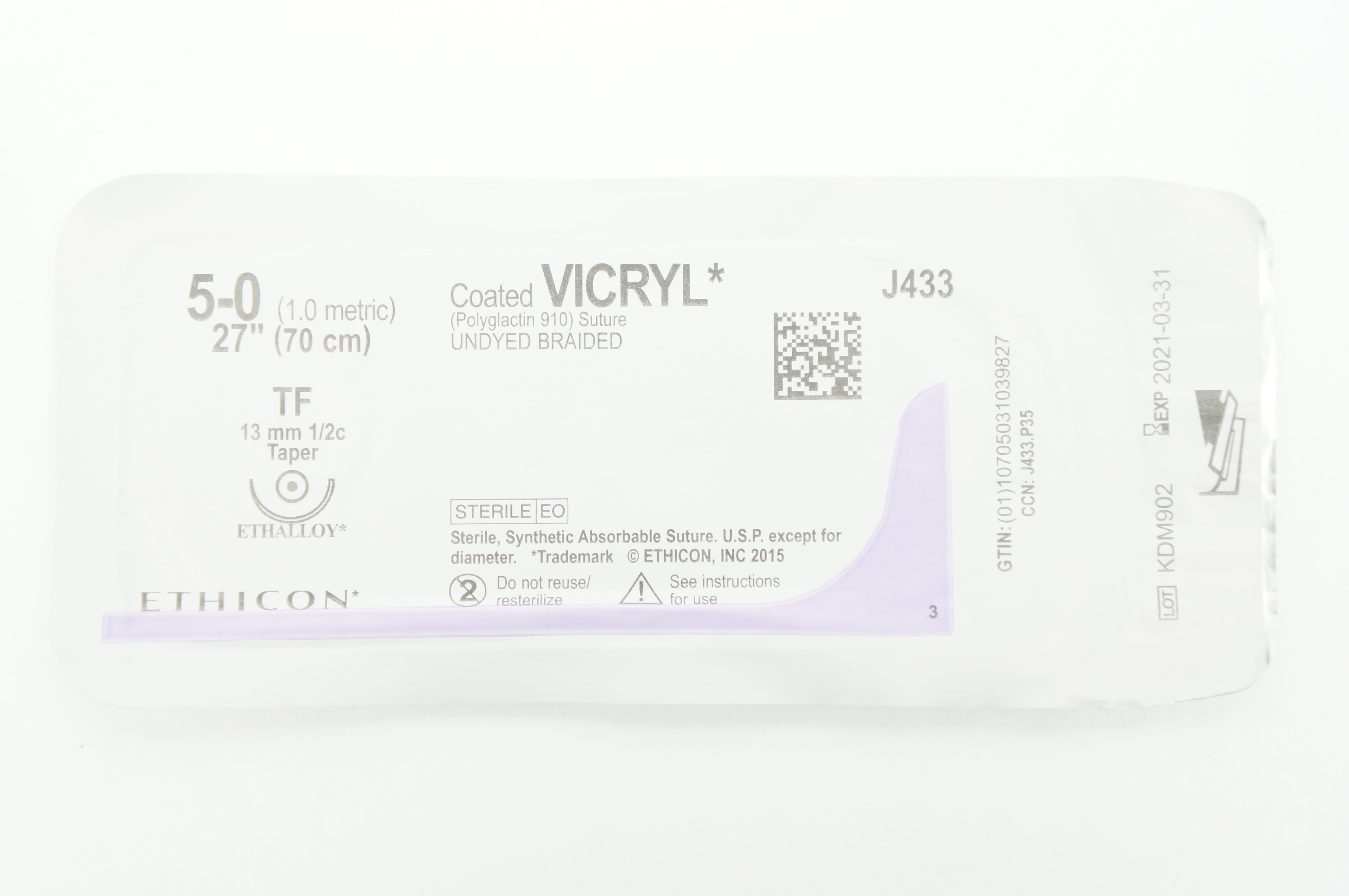 Ethicon J433 5-0 Coated VICRYL Undyed Braided TF 13mm 1/2c Taper 27 inch