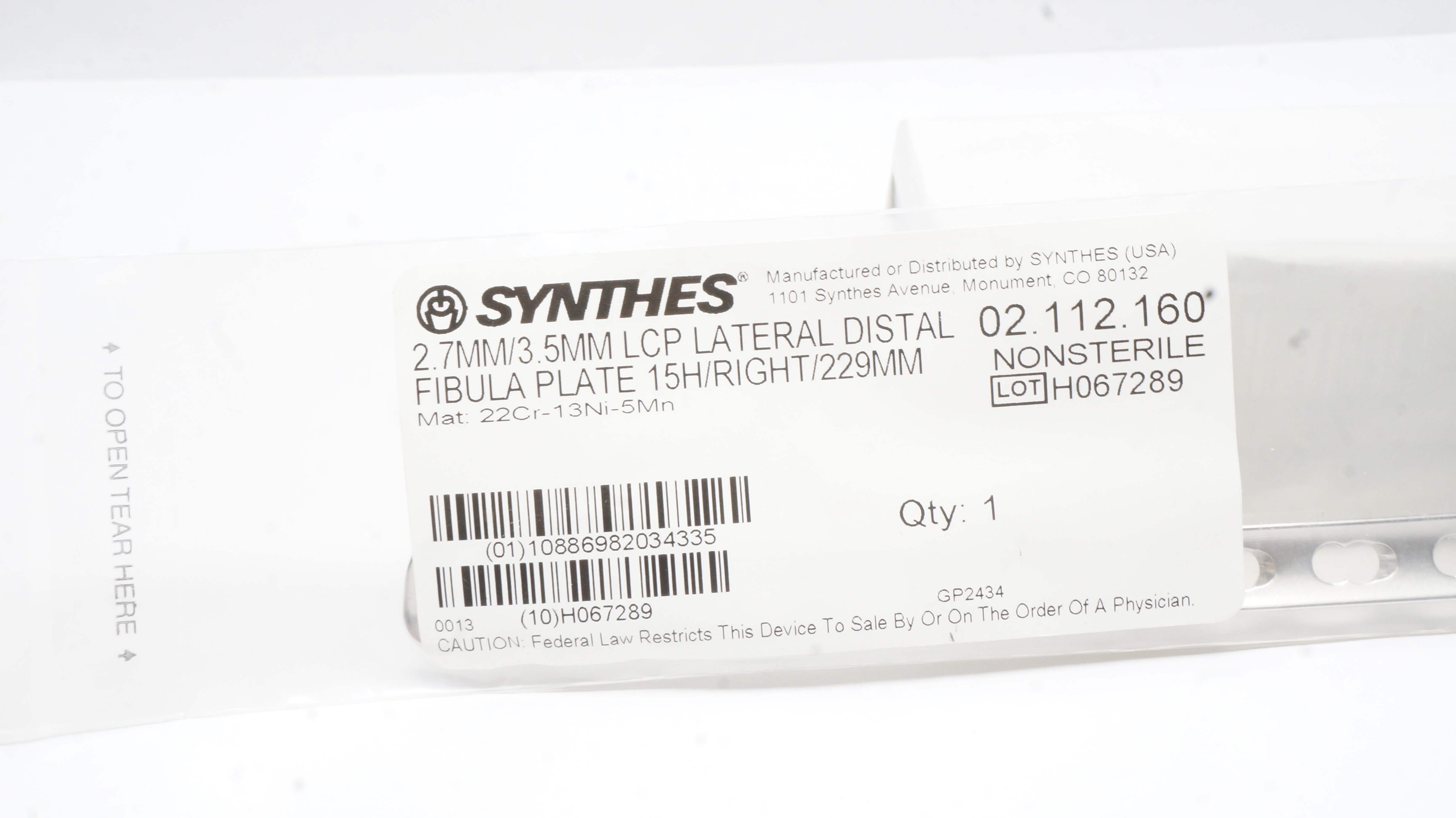 Synthes 02.112.160 2.7/3.5mm LCP Lateral Distal Fibula Plate 15H/Right/229mm