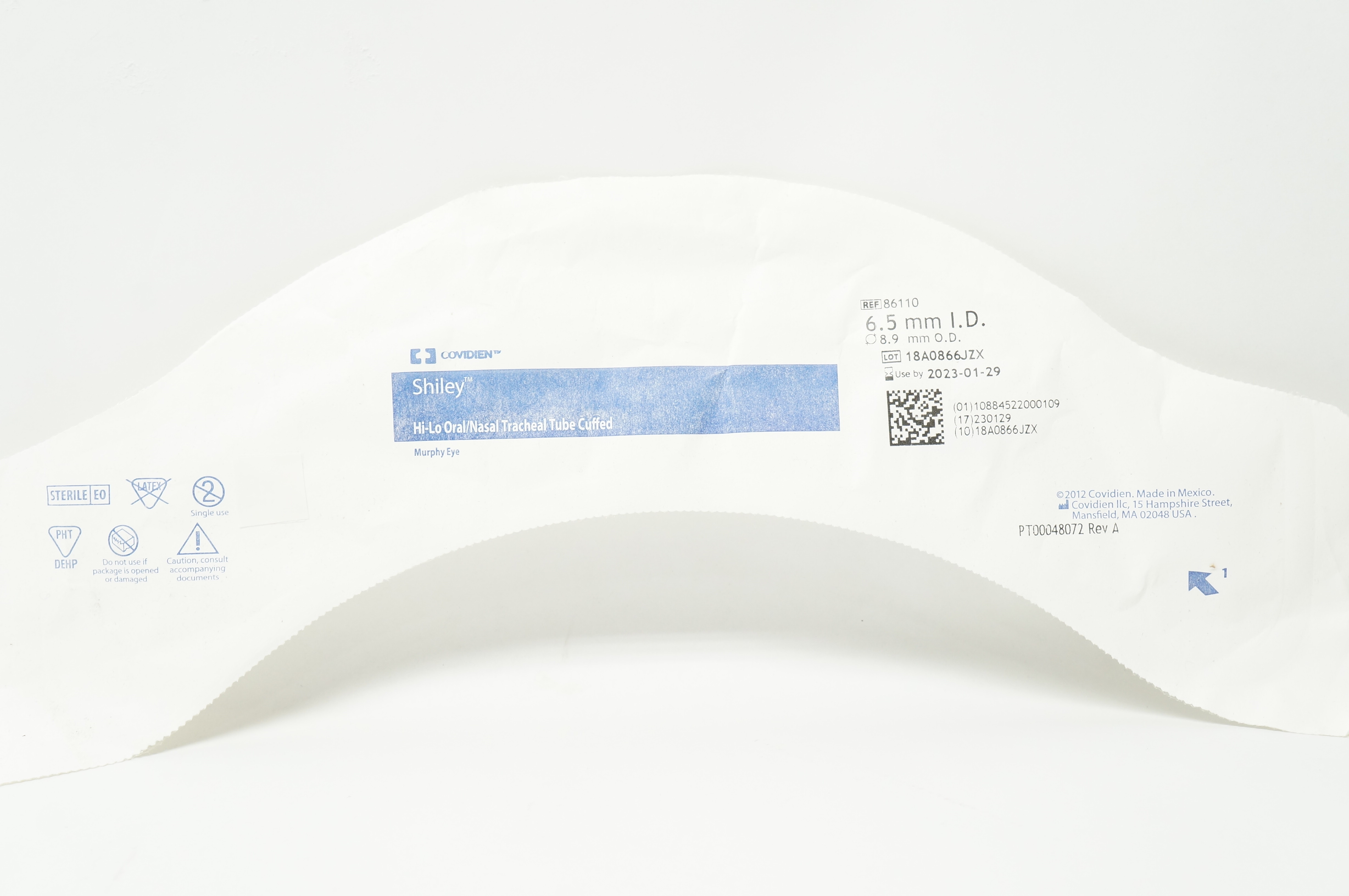 Covidien 86110 Shiley Hi-Lo Oral/Nasal Tracheal Tube Cuffed 6.5mm ID x 8.9mm OD