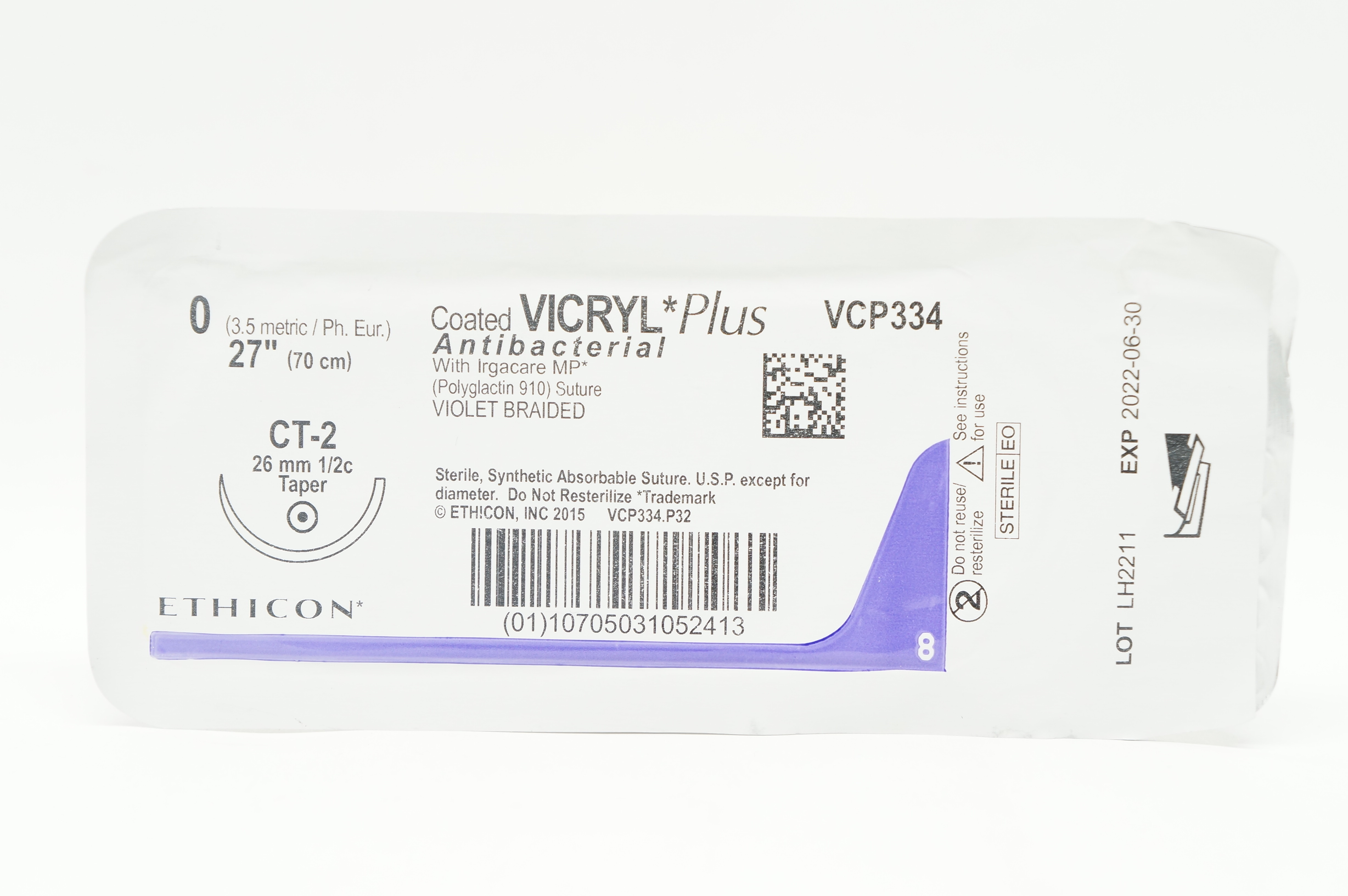 Ethicon VCP334 0 VICRYL PLUS, CT-2, 26mm 1/2c Taper, 27 inch
