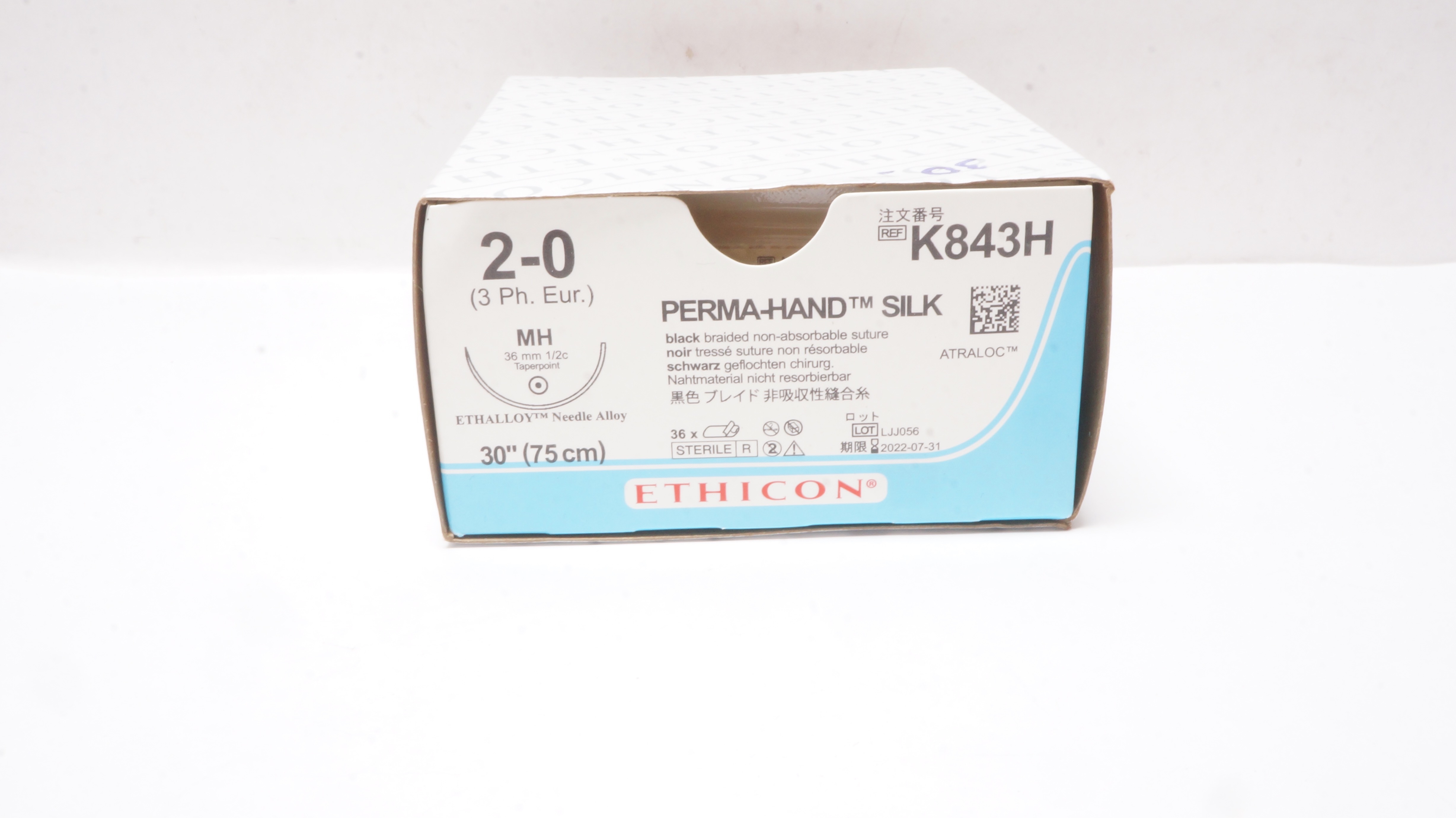 Ethicon K843H 2-0 Perma-Hand Silk Stre MH 26mm 1/2c Taperpoint 30In(x)-Box of 30