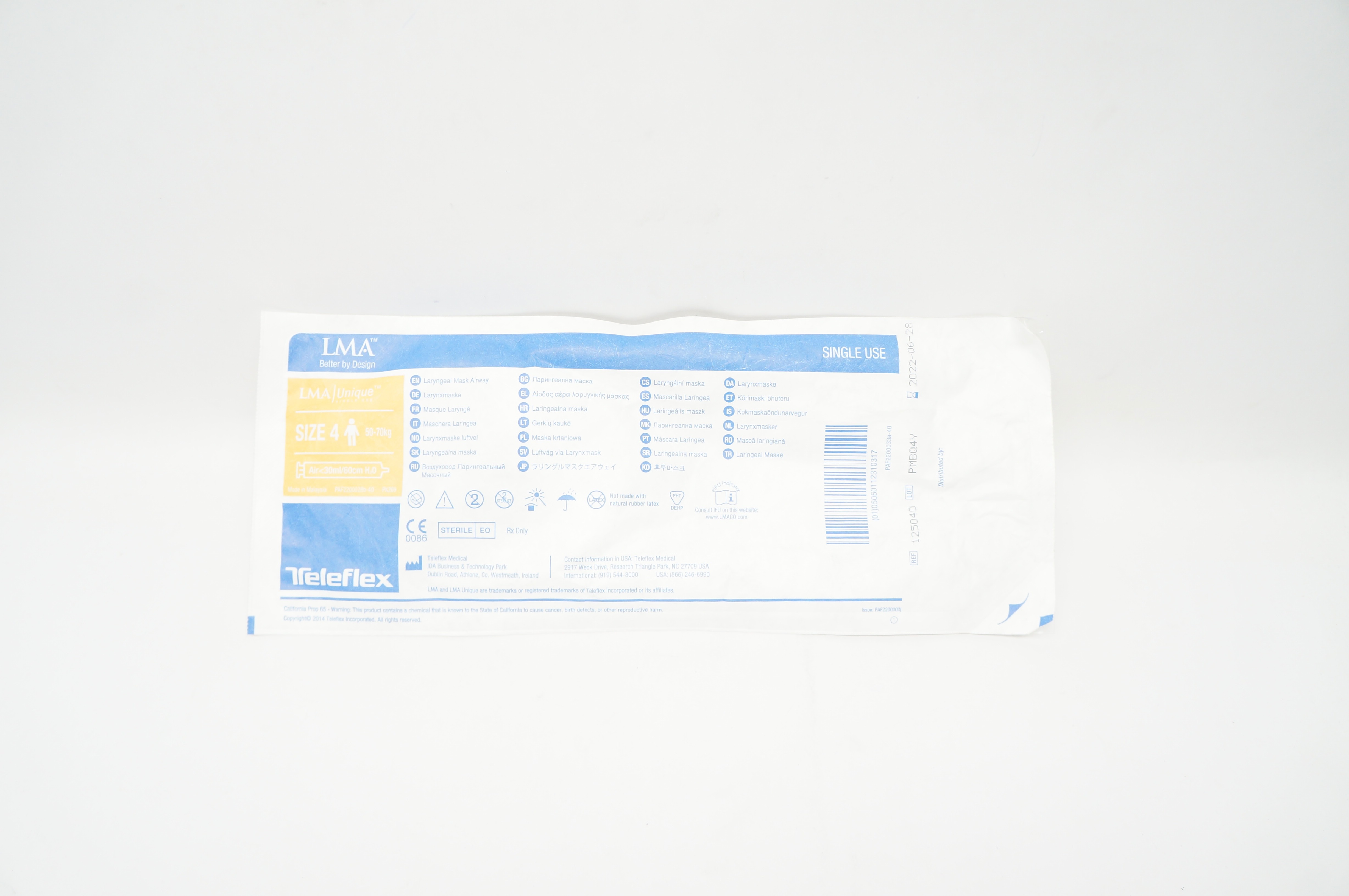 Teleflex 125040 LMA Laryngeal Mask Airway, Size 4 50-70kg Air <30ml/60cm H2O (x)
