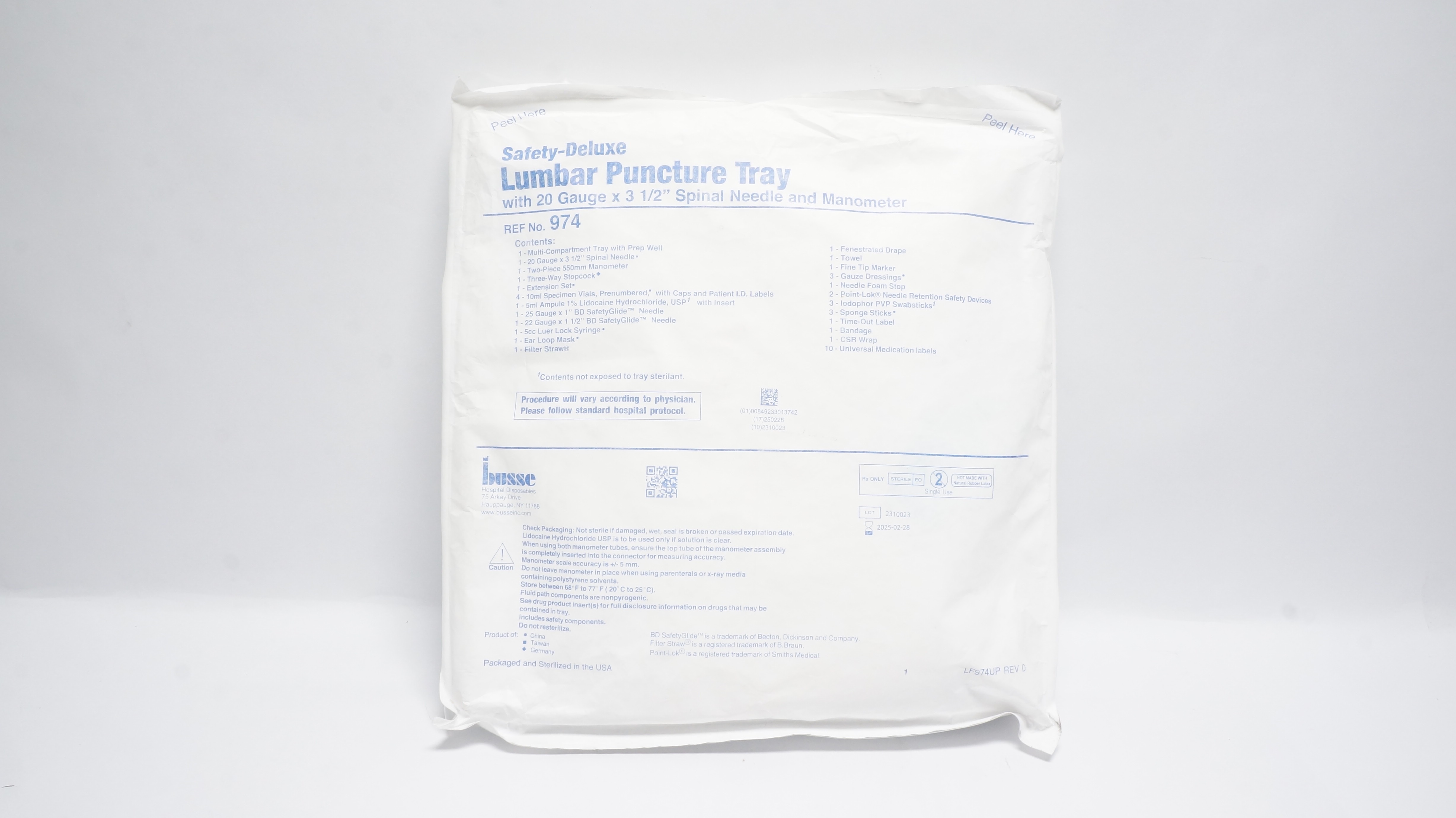 Busse 974 Safety-Deluxe Lumbar Puncture Tray W/20Ga x 3/2In Ndle & Manometer (x)