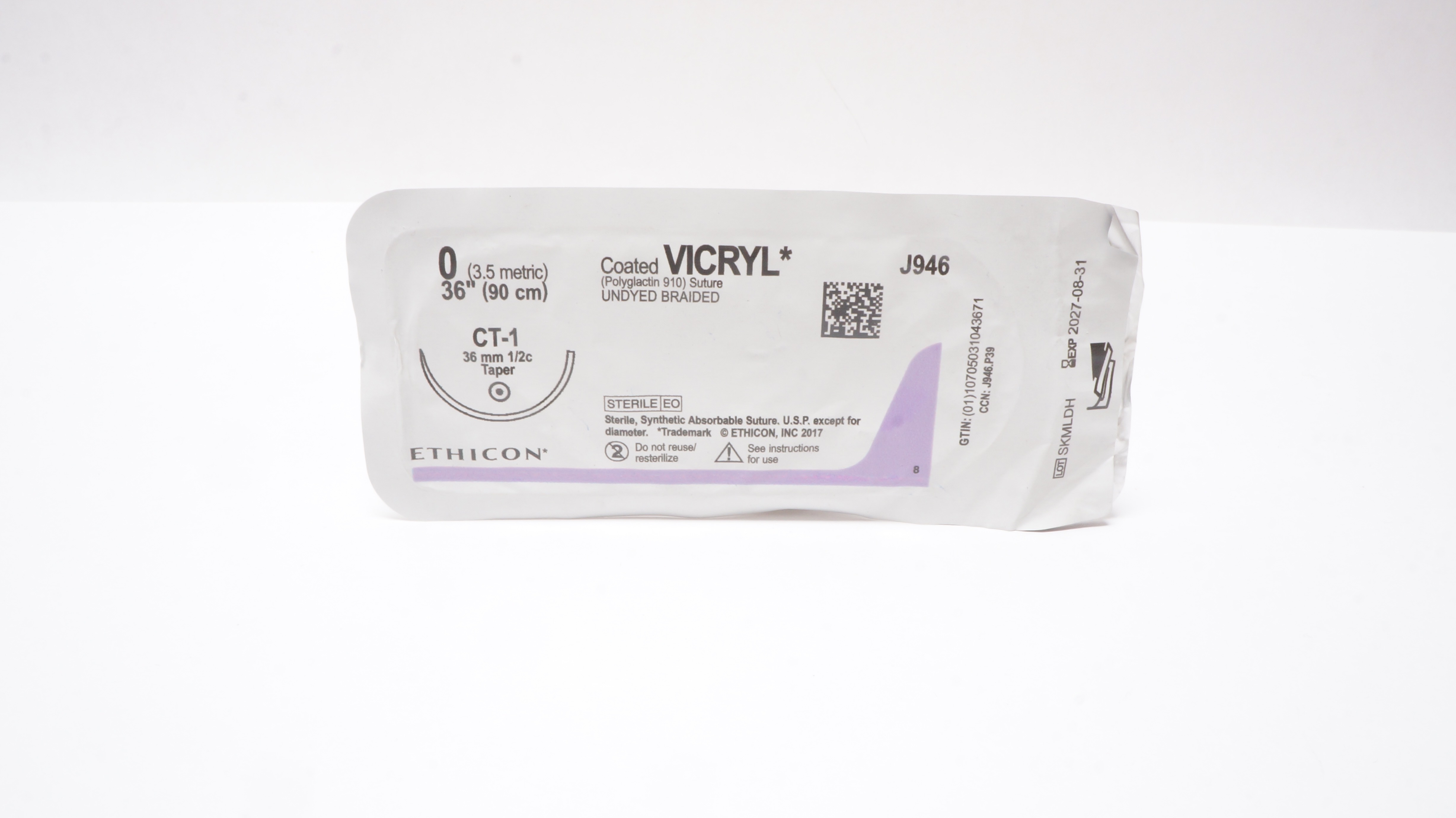 Ethicon J946 0 Coated VICRYL Undyed Braided Stre CT-1 36mm 1/2c Taper, 36inch