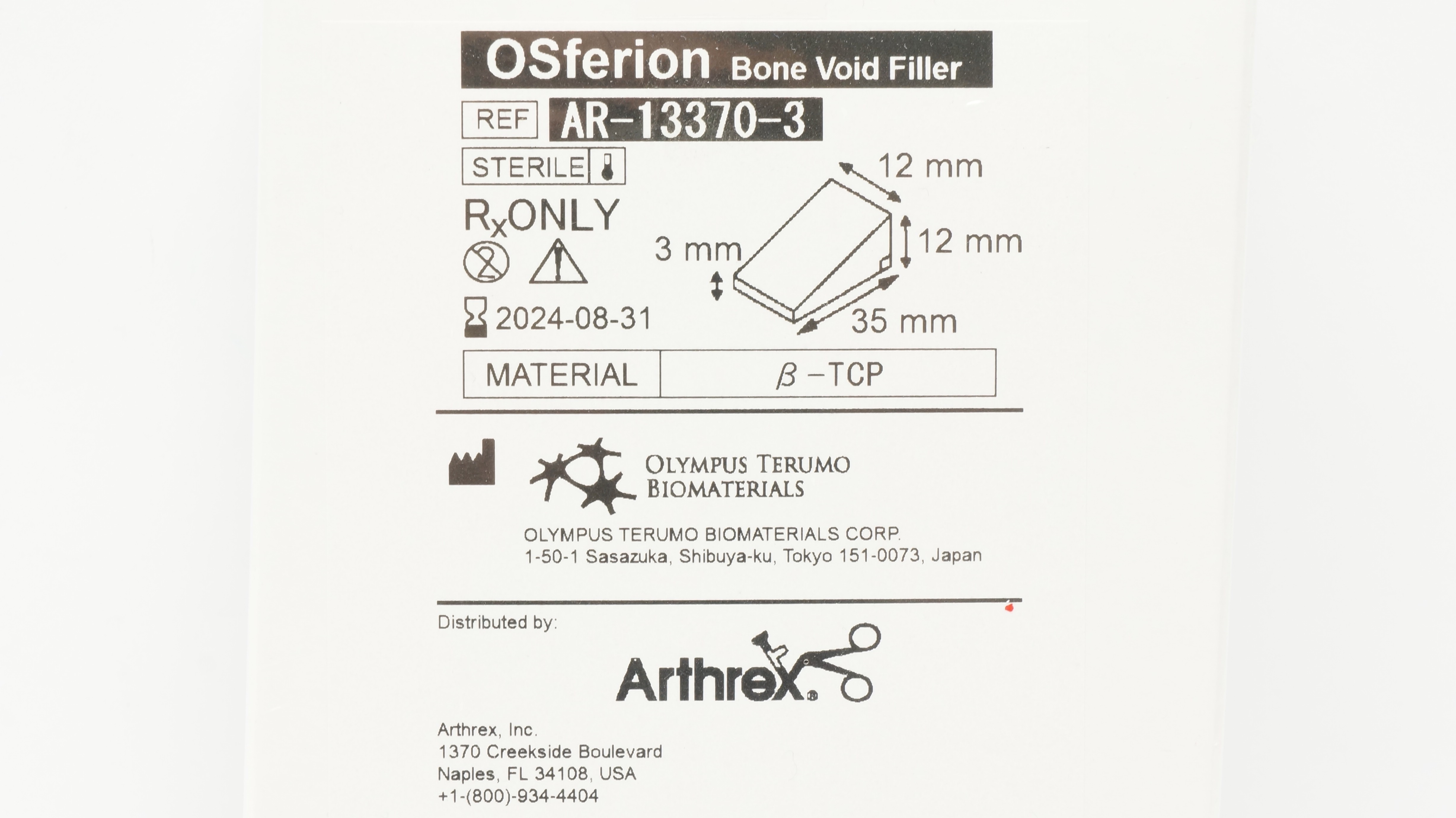 Arthrex AR-13370-3 OSferion Bone Void Filler 12mm x 12mm x 3 mm x 35mm (x)