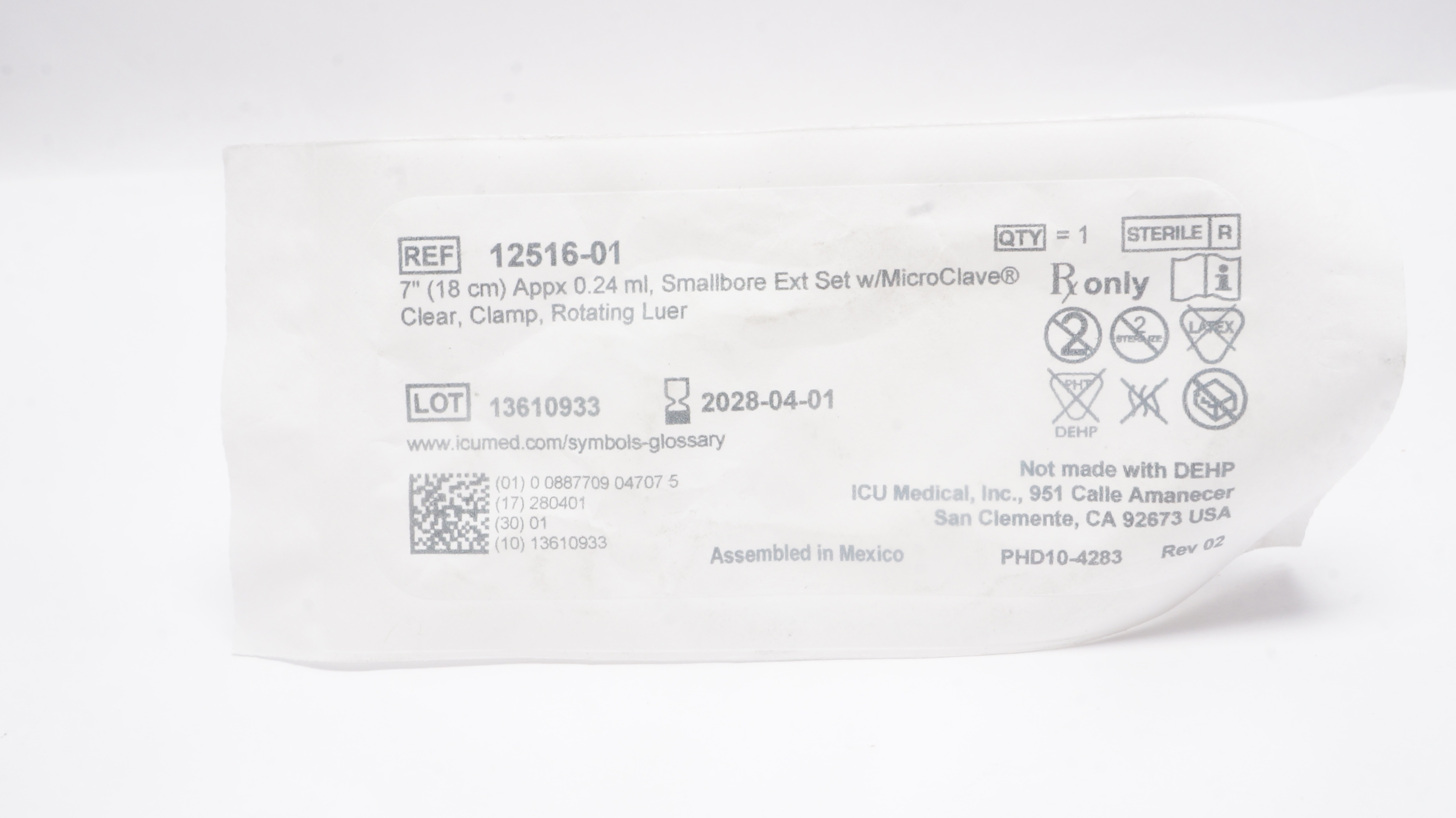 ICU Medical 12516-01 Smallbore Extension Set 7inch x 0.24mL