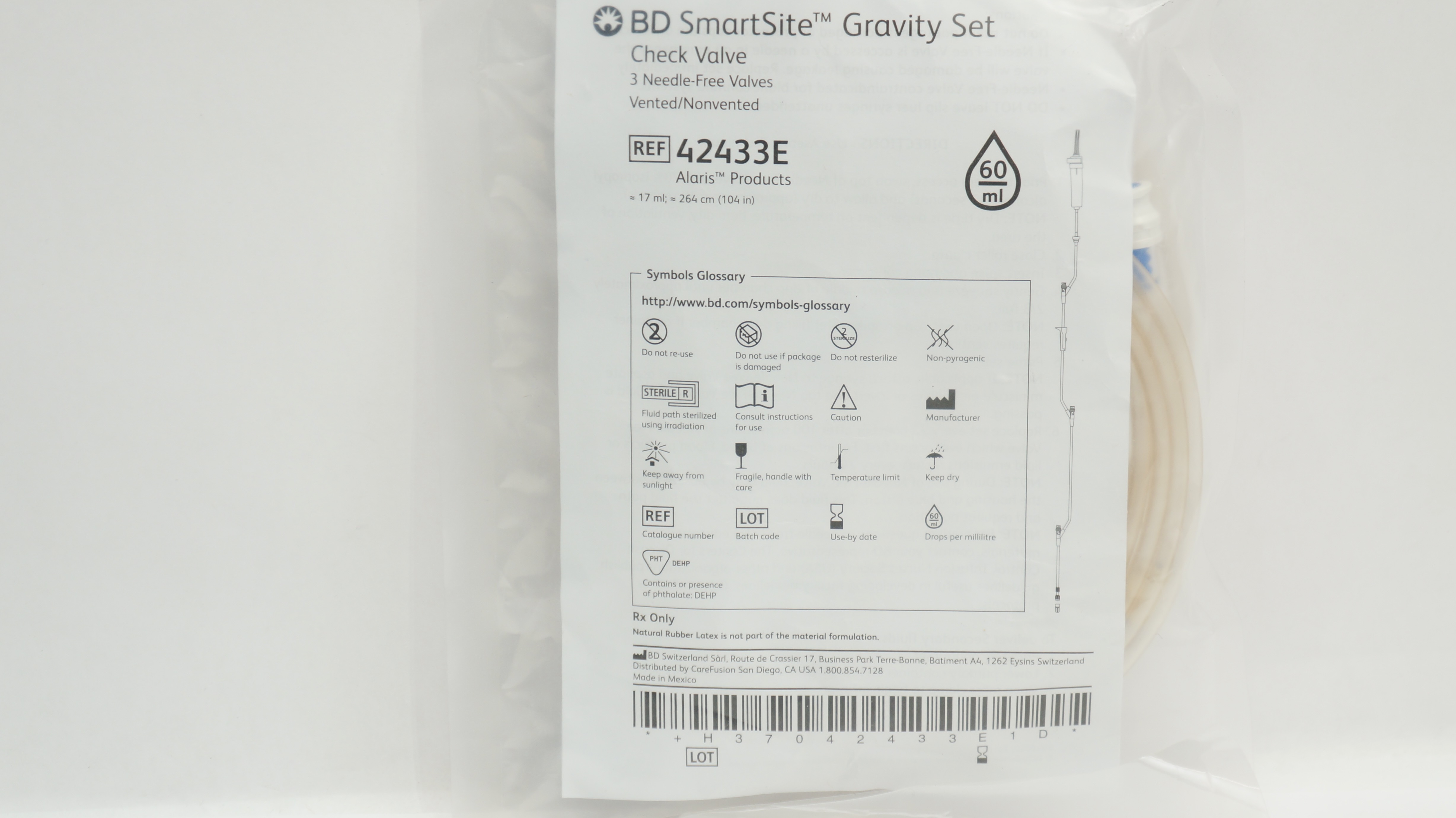 BD 42433E SmartSite Gravity Set Check Valve 17ml x 104inch 60Drops/ml (x)
