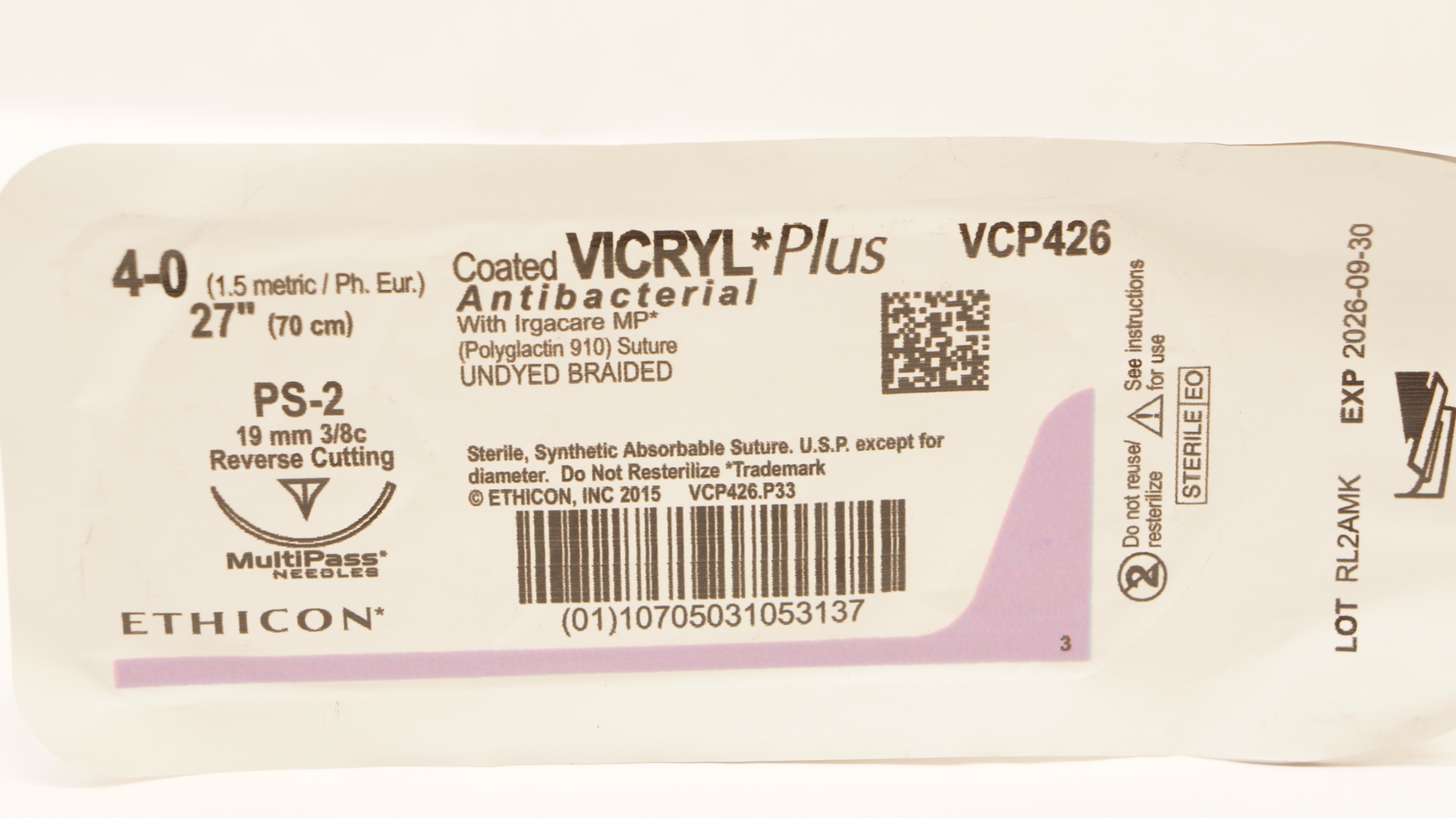 Ethicon VCP426 4-0 Coated Vicryl Plus Stre PS-2 19mm 3/8c Reverse Cutting 27inch