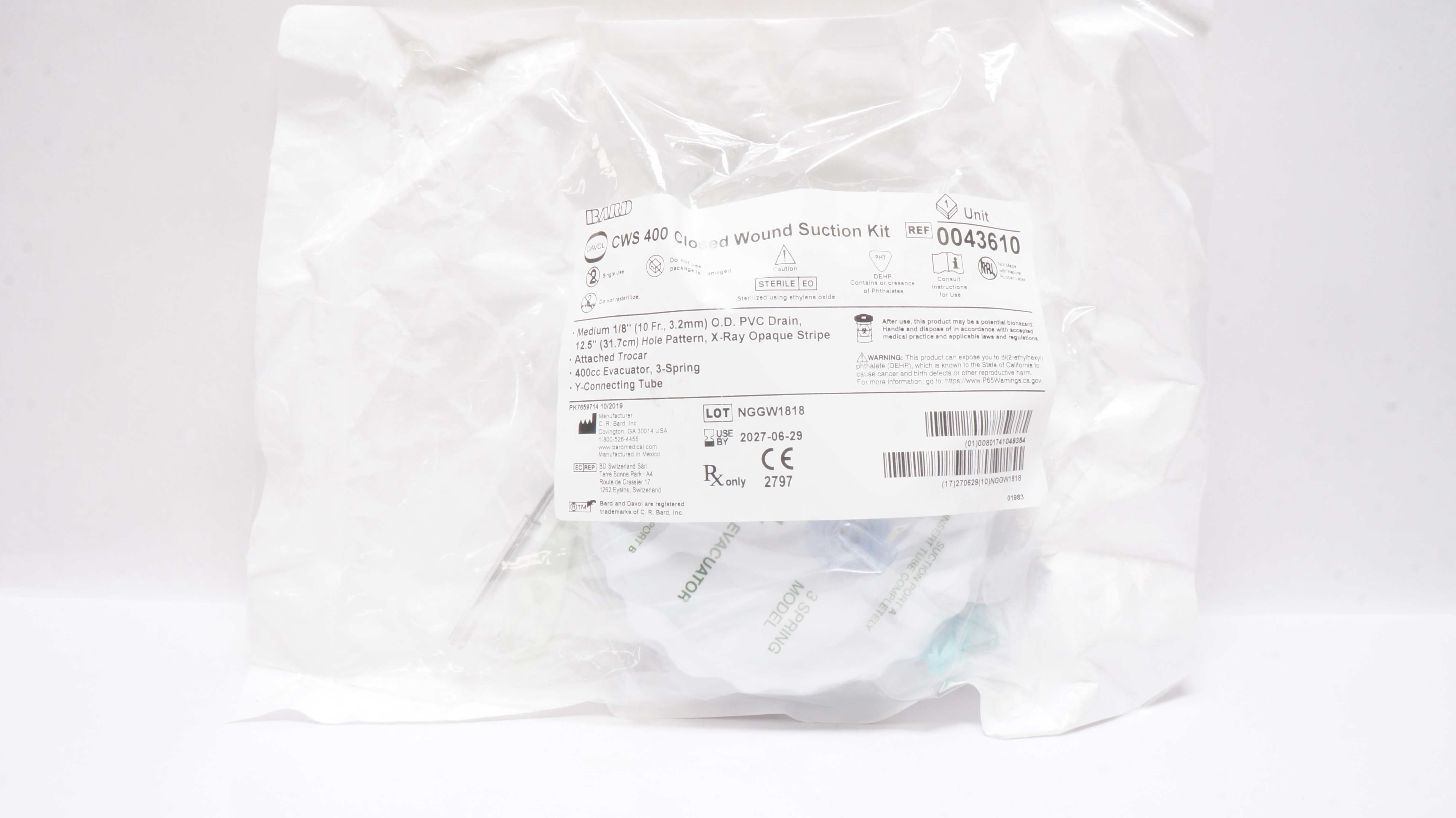 Bard 0043610 Davol CWS 400 Closed Wound Suction Kit