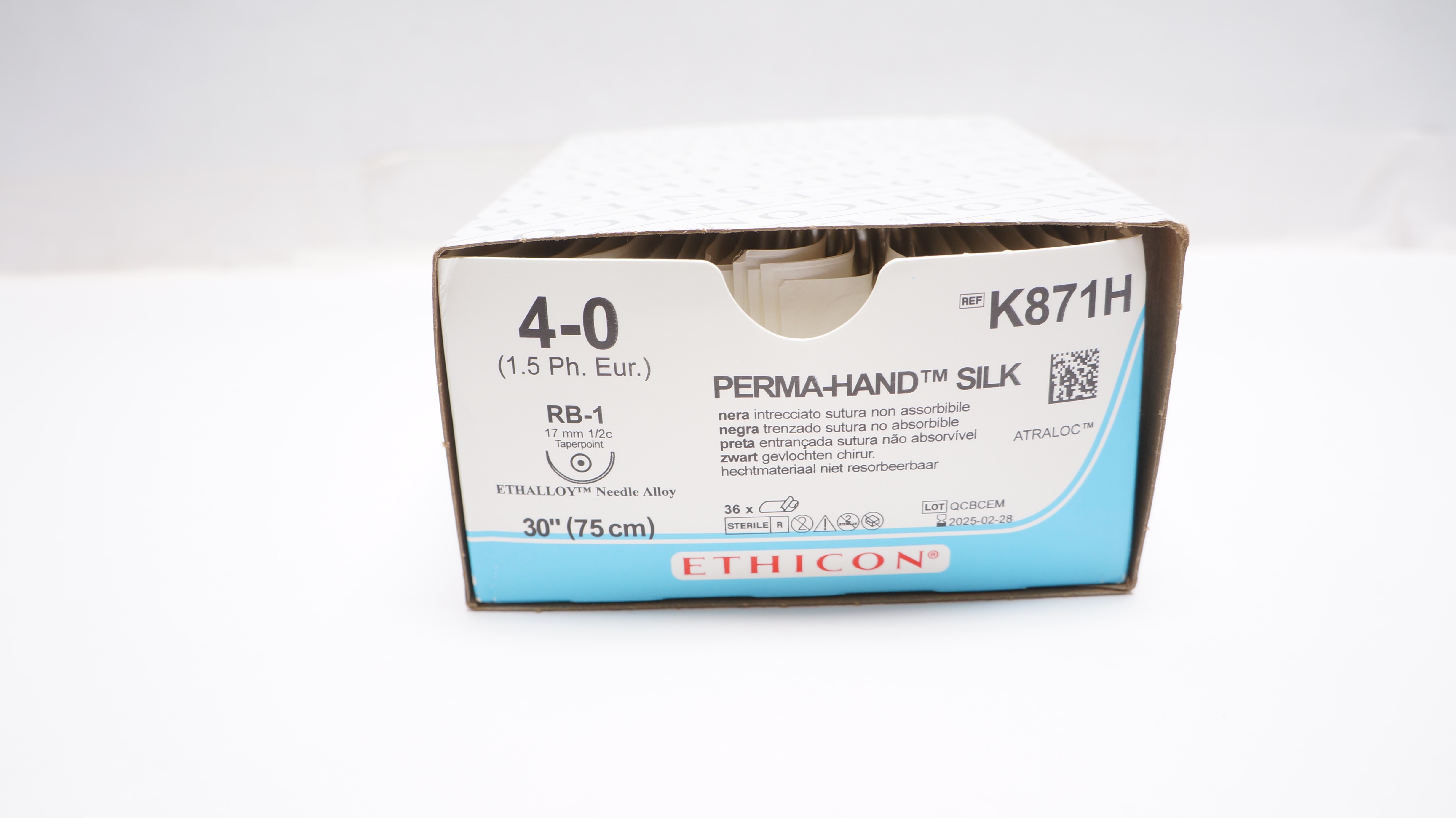 Ethicon K871H 4-0 Perma-Hand Stre RB-1 17mm 1/2c Taperpoint 30inch -Box of 30