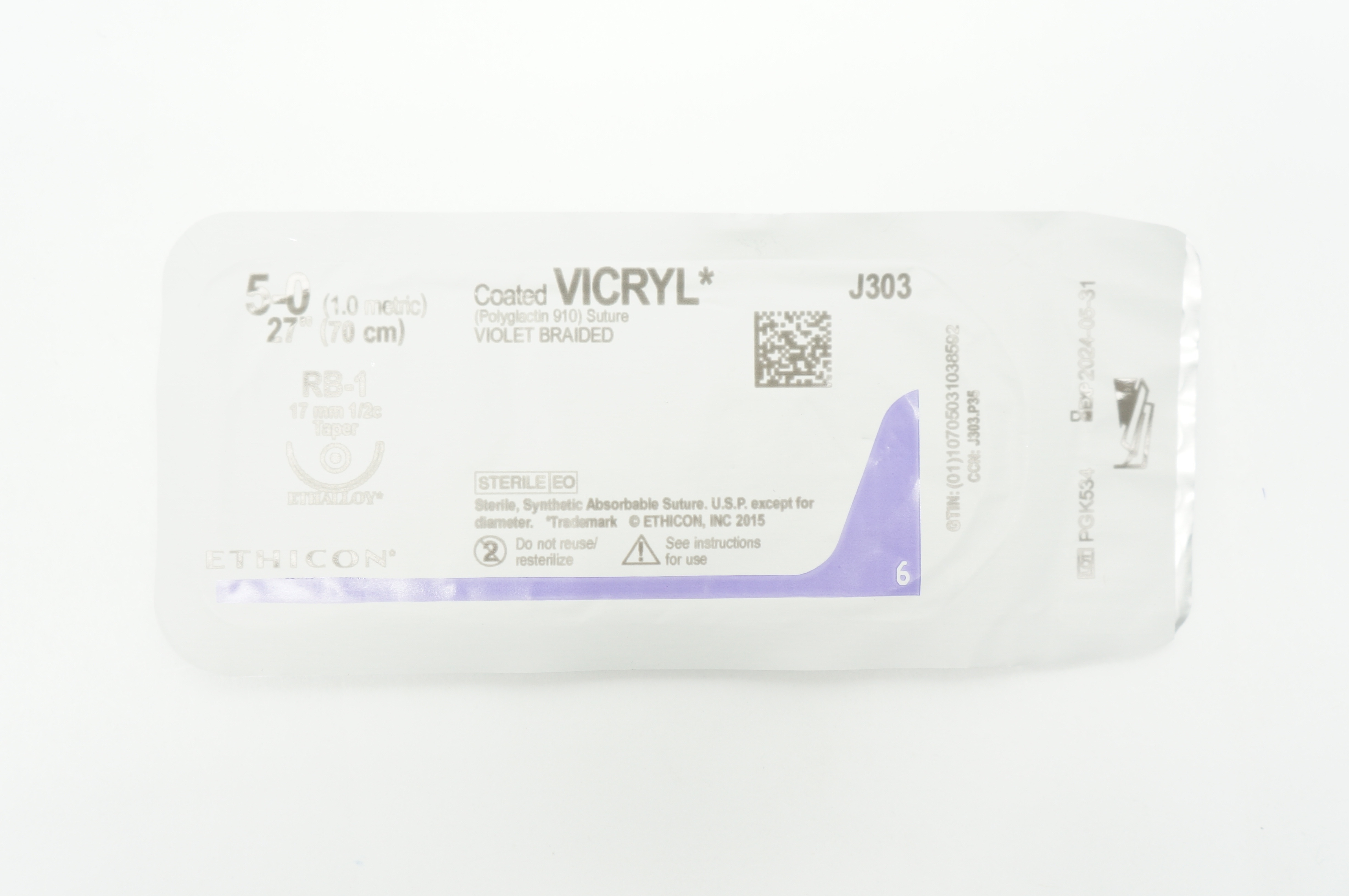 Ethicon J303 5-0 VICRYL RB-1 17mm 1/2c Taper 27inch