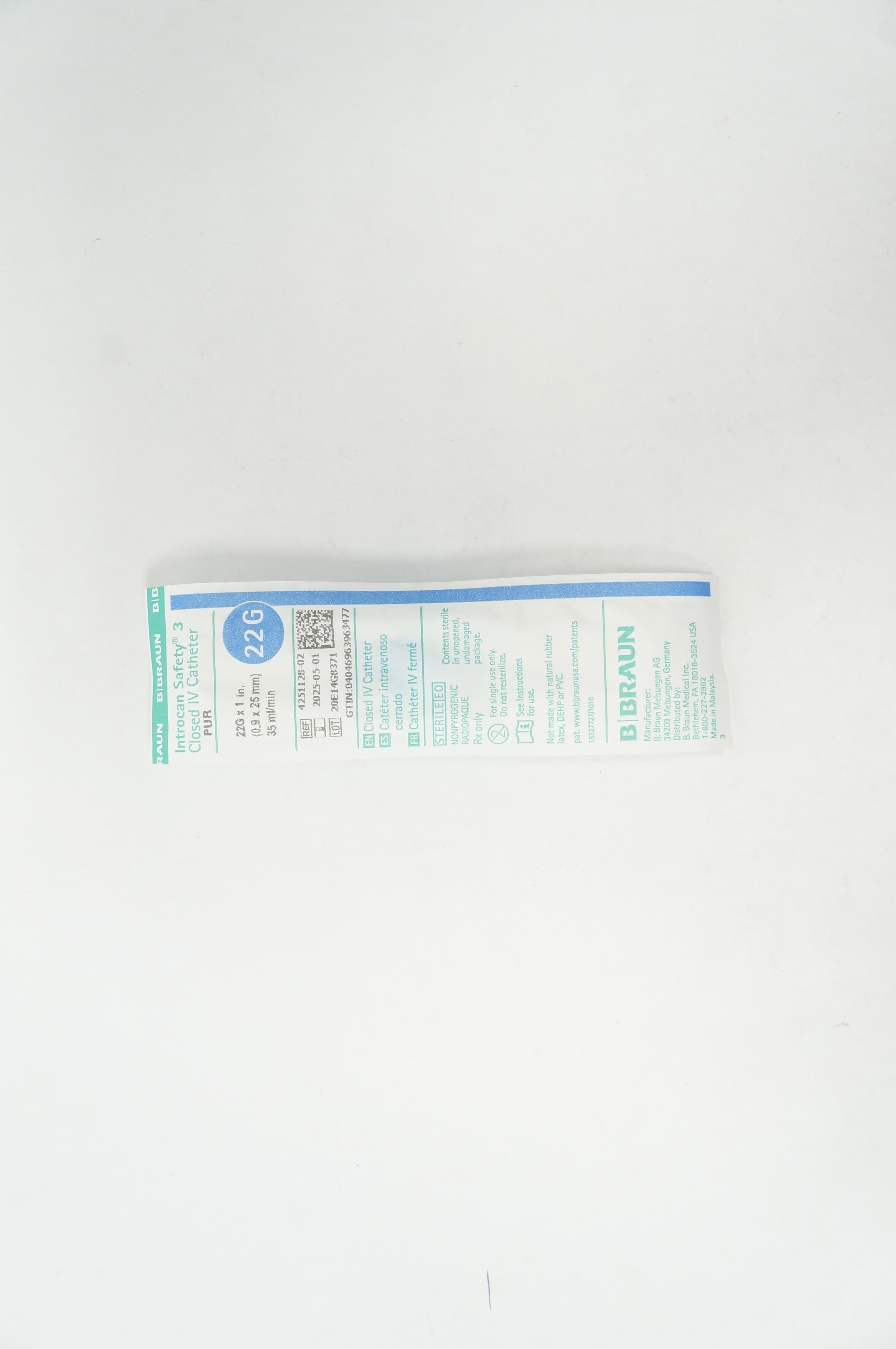 B.Braun 4251128-02 Introcan Safety 3 Closed IV Cath. 22G x 1inch x 35ml/min