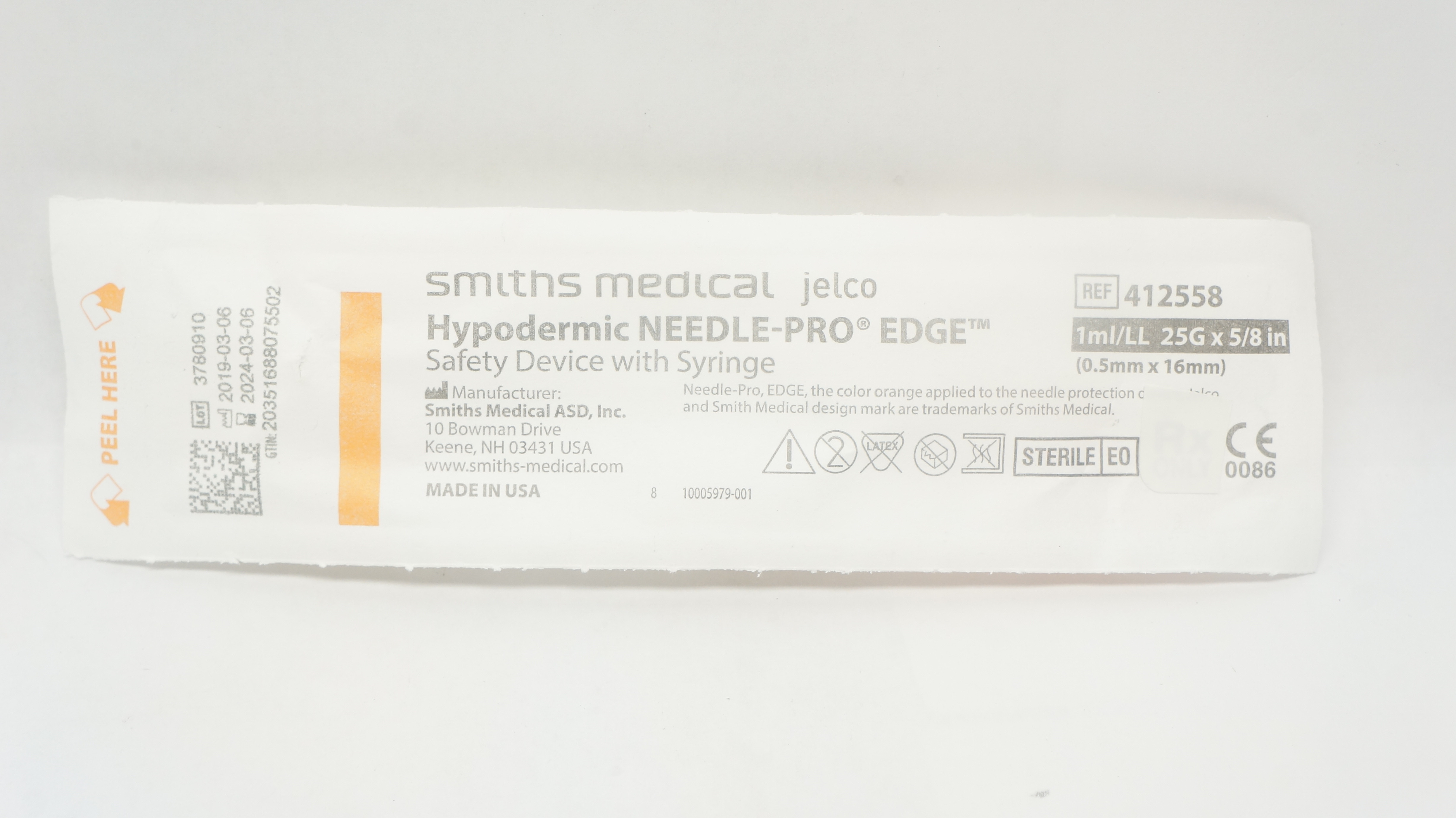 Smiths Medical 412558 JELCO Hypodermic Ndle.-Pro Edge Safety Device