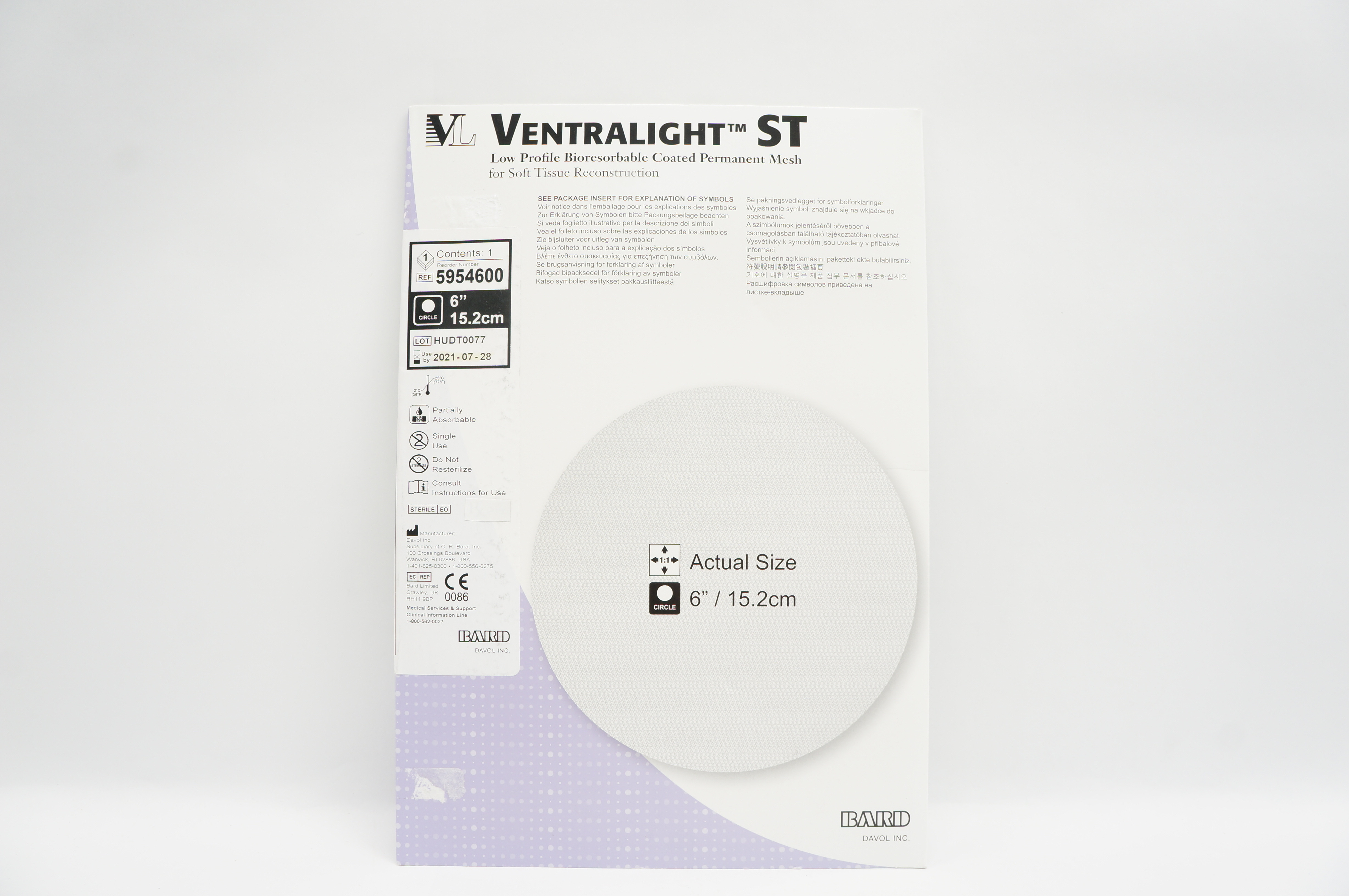 Bard 5954600 Ventralight ST Low Profile Bioresorbable Coated Mesh 6inch (x)