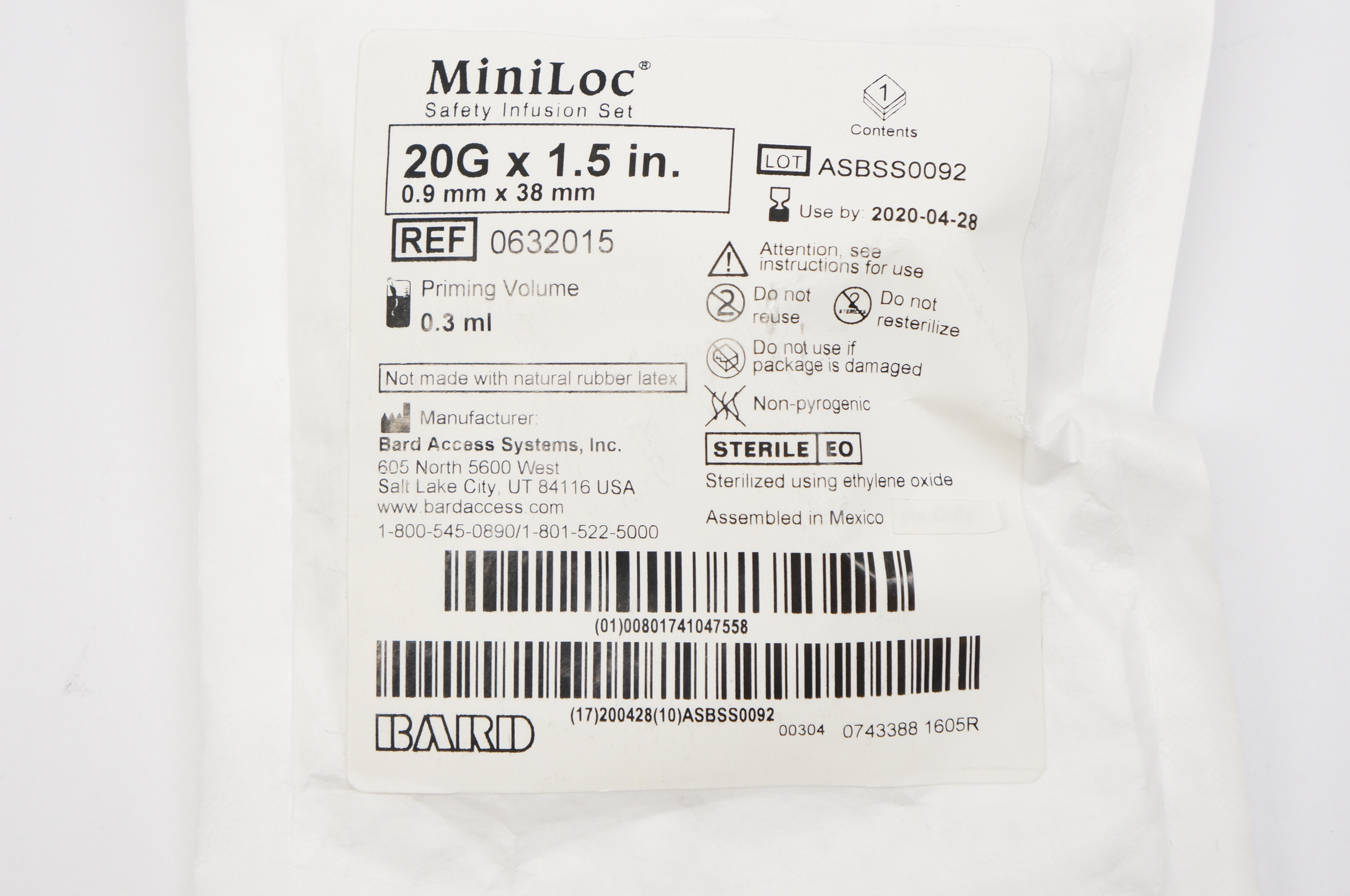 Bard 0632015 MiniLoc Safety Infusion Set 20G x 1.5inch 0.3ml (x)