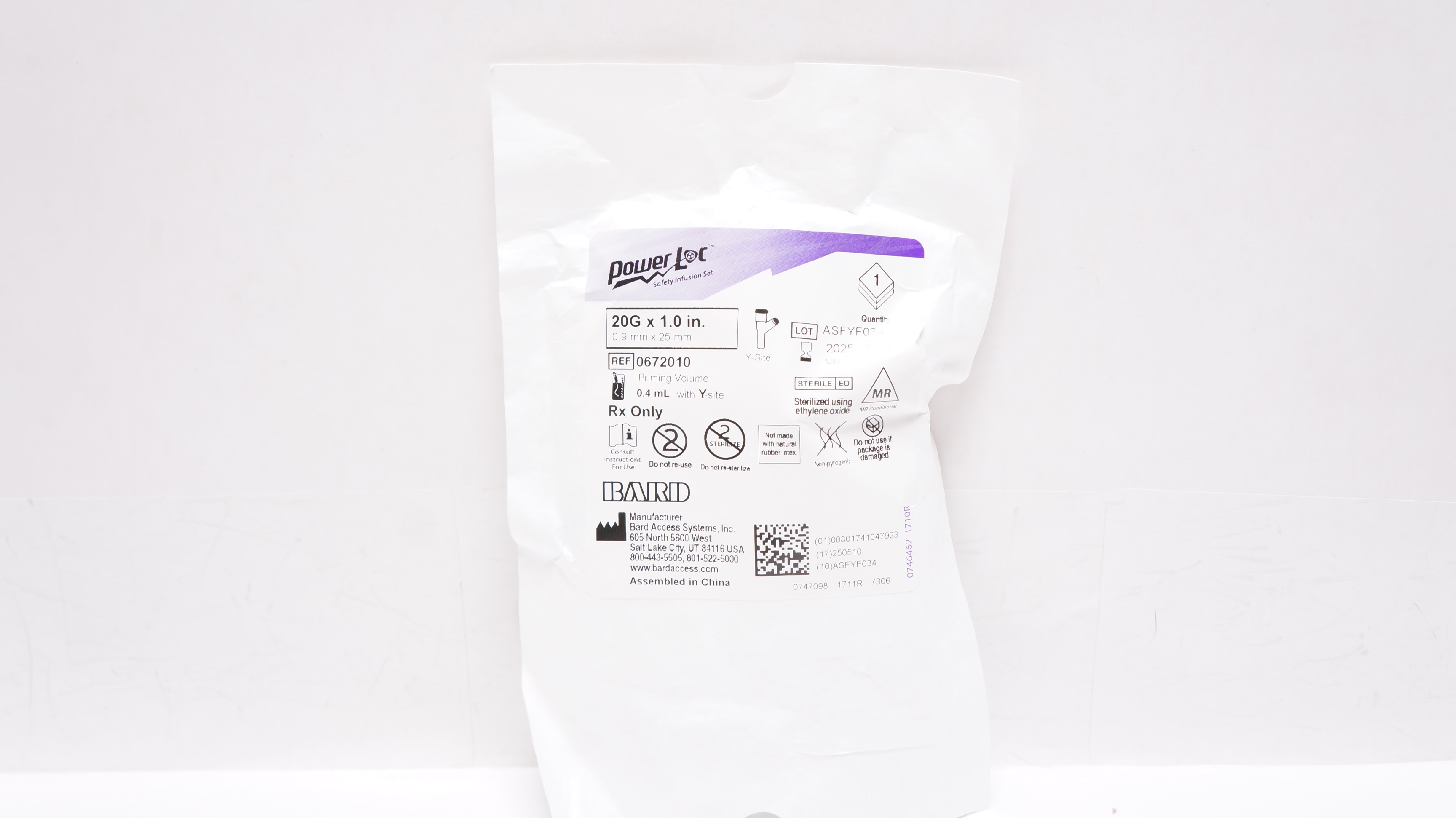 Bard 0672010 Power Loc Safety Infusion Set 20G x 1.0inch, Priming Vol. 0.4mL