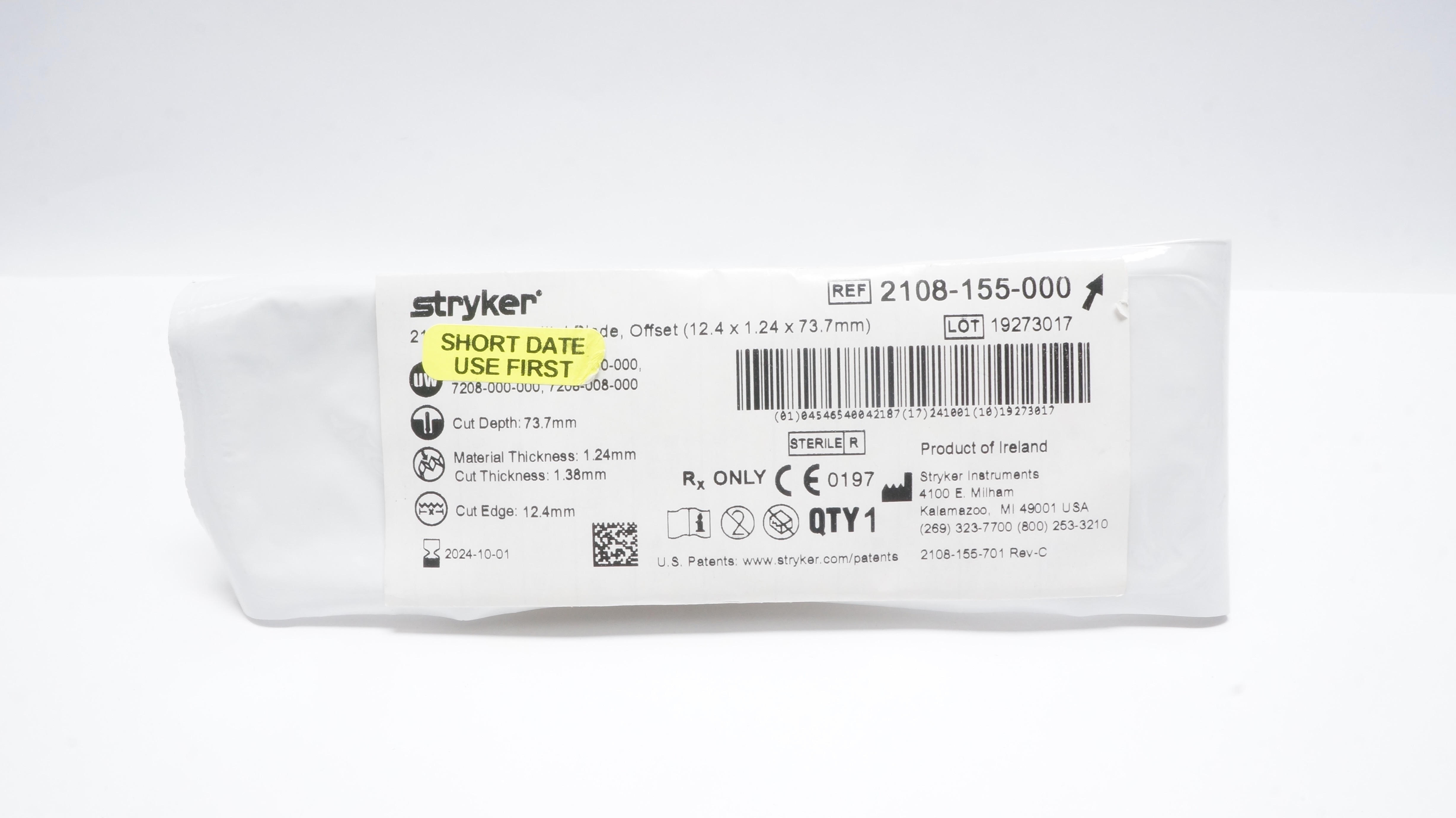 Stryker 2108-155-000 2108Series Sagittal Blade Offset 12.4 x 1.24 x 73.7mm (x)