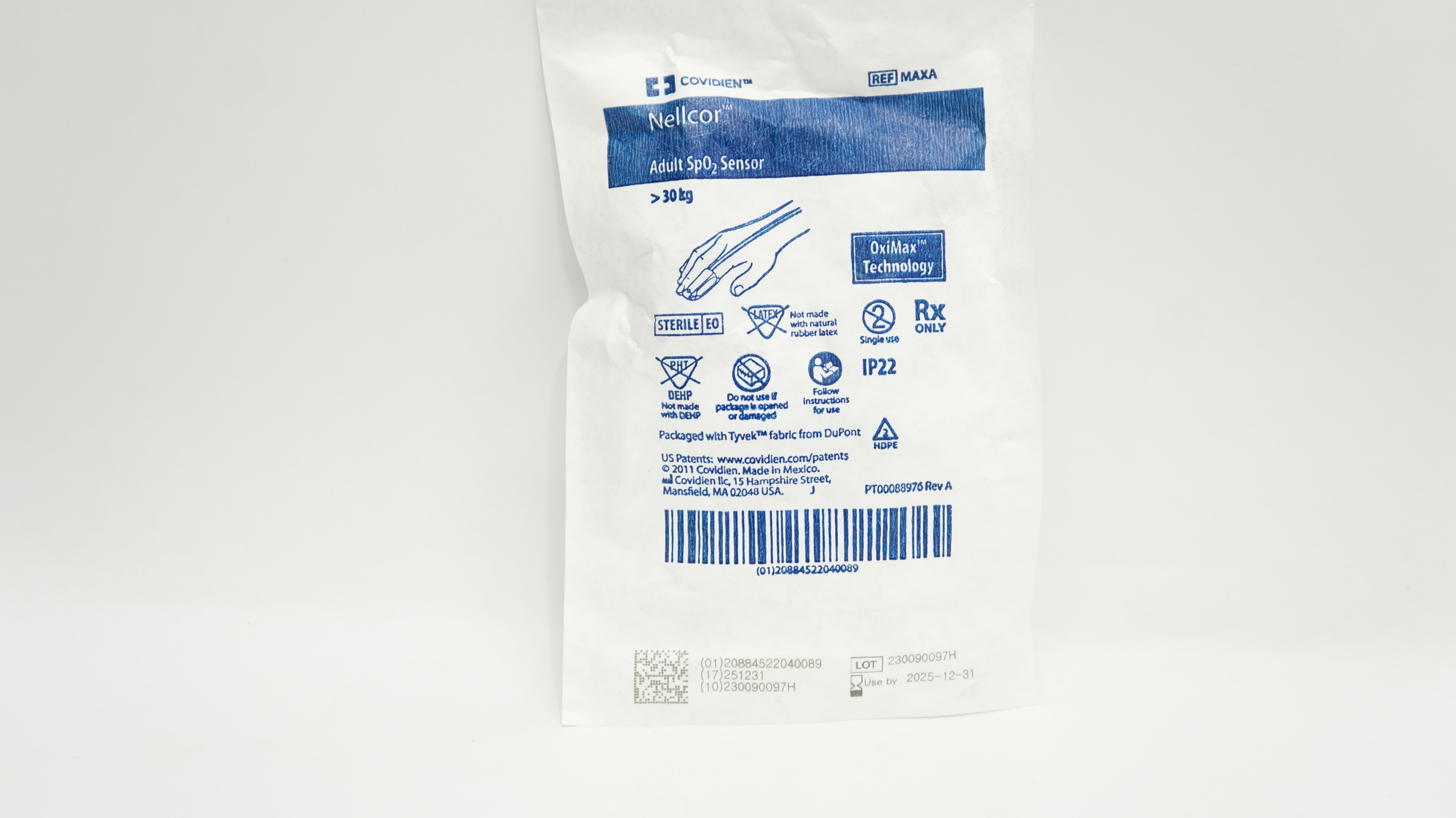 Covidien MAXA Nellcor Adult SpO2 Sensor > 30kg OxiMax Technology