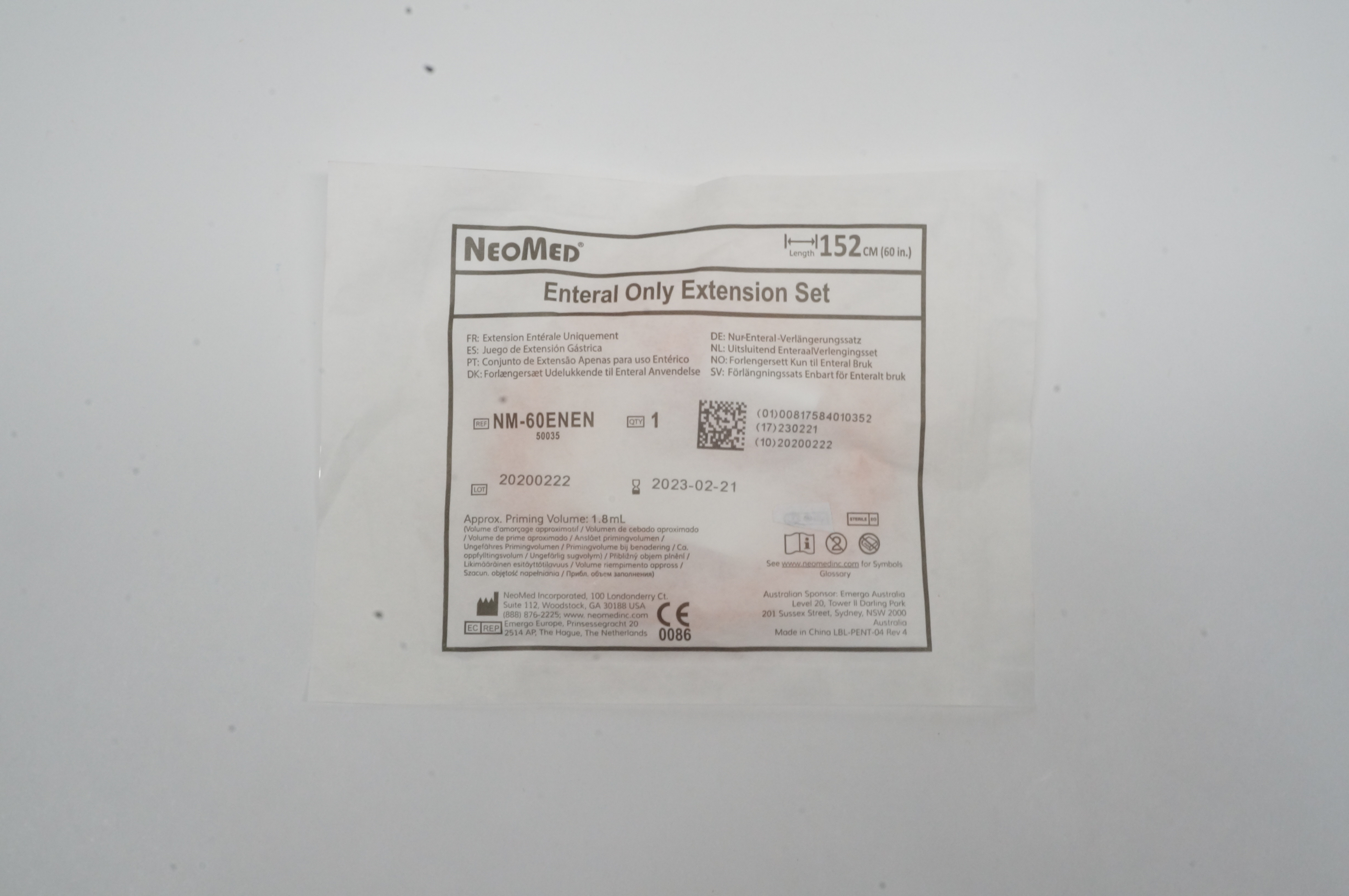 NeoMed NM-60ENEN Enteral Only Extension Set 60inch, Approx. Volume 1.8mL