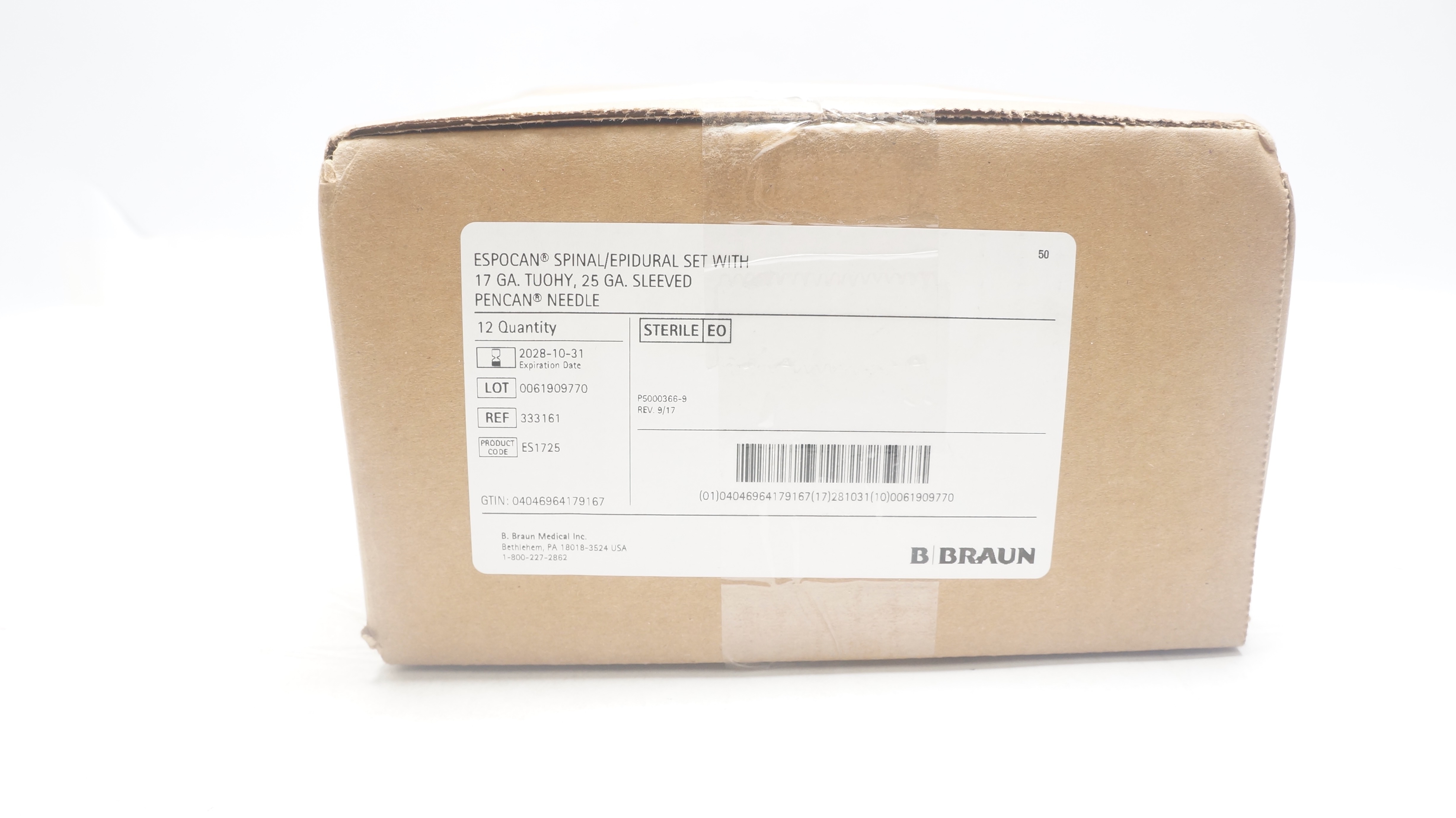 Braun 333161 Espocan Spinal/Epidural Set W/17Ga Tuohy 25Ga Ndle - Box of 12