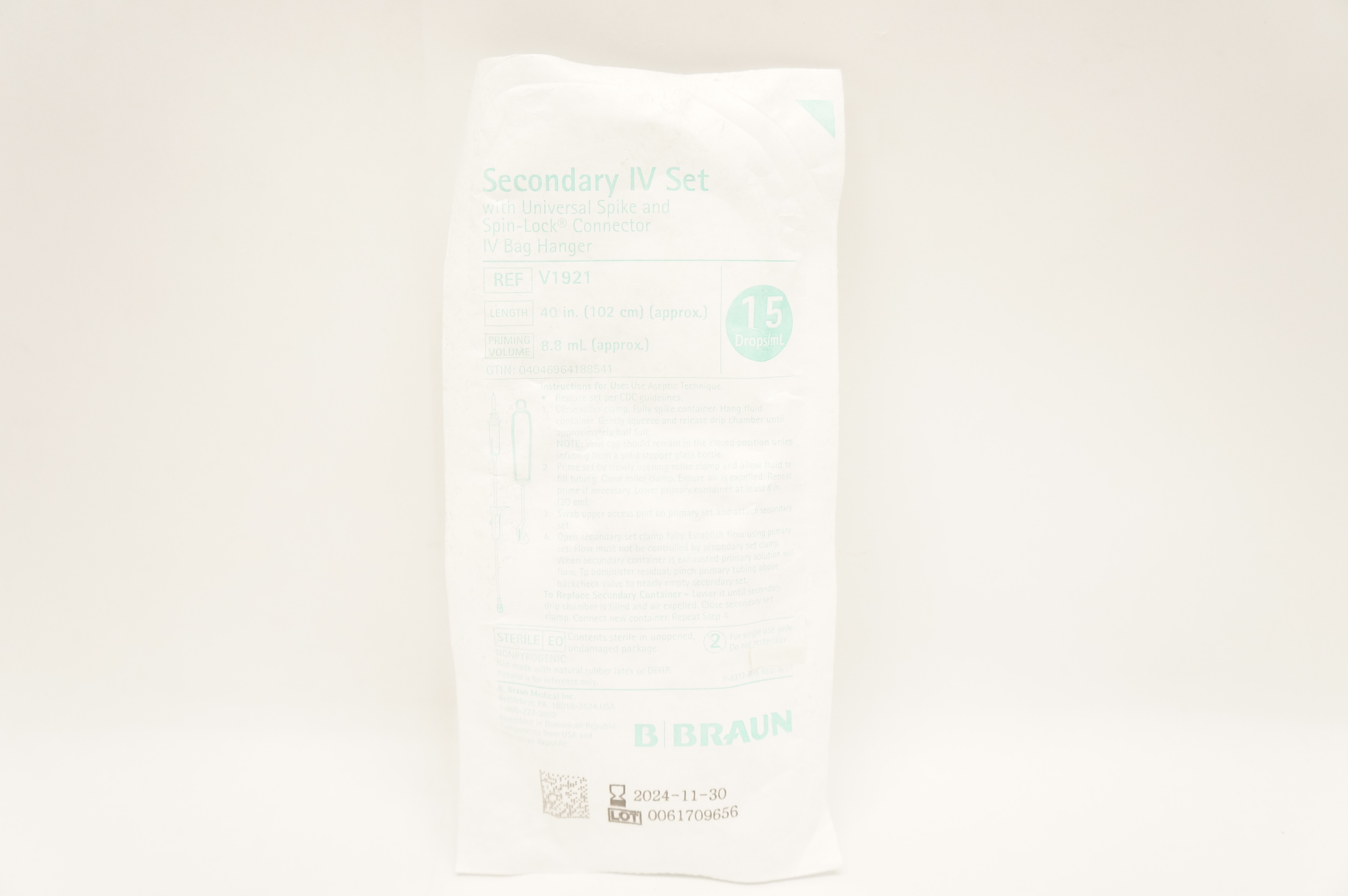 Braun V1921 Secondary IV Transfer Set 15 Drops/mL 40 inch x 8.8mL