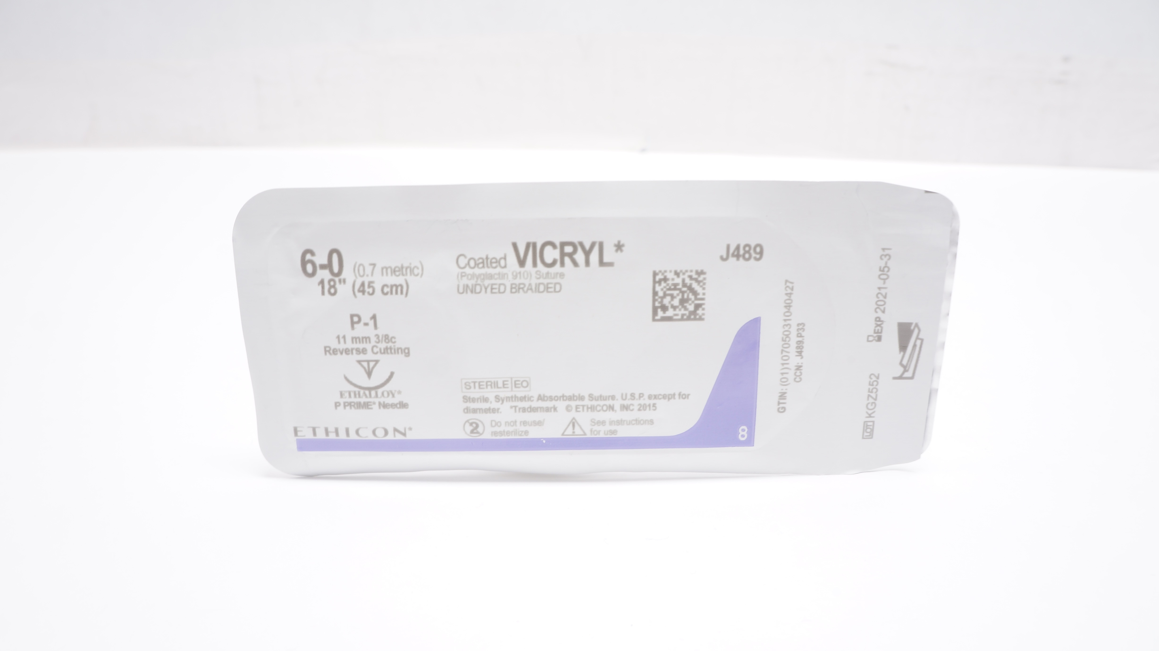 Ethicon J489 6-0 Coated Vicryl Stre P-1 11mm 3/8c Reverse Cutting, 18inch (x)