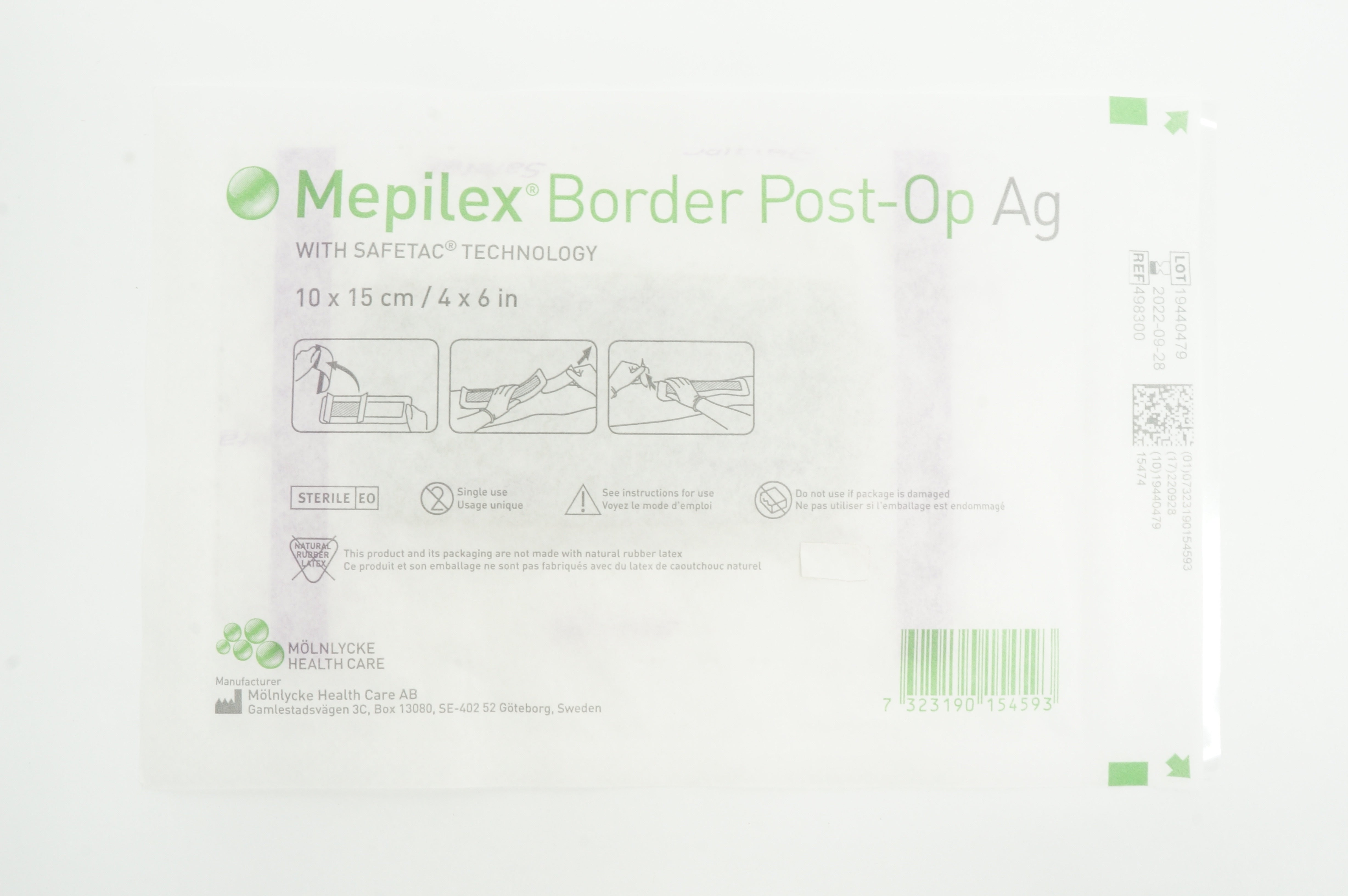 Mölnlycke 498300 Mepilex Border Post-Op Ag, with Safetac Technology 4in x 6in
