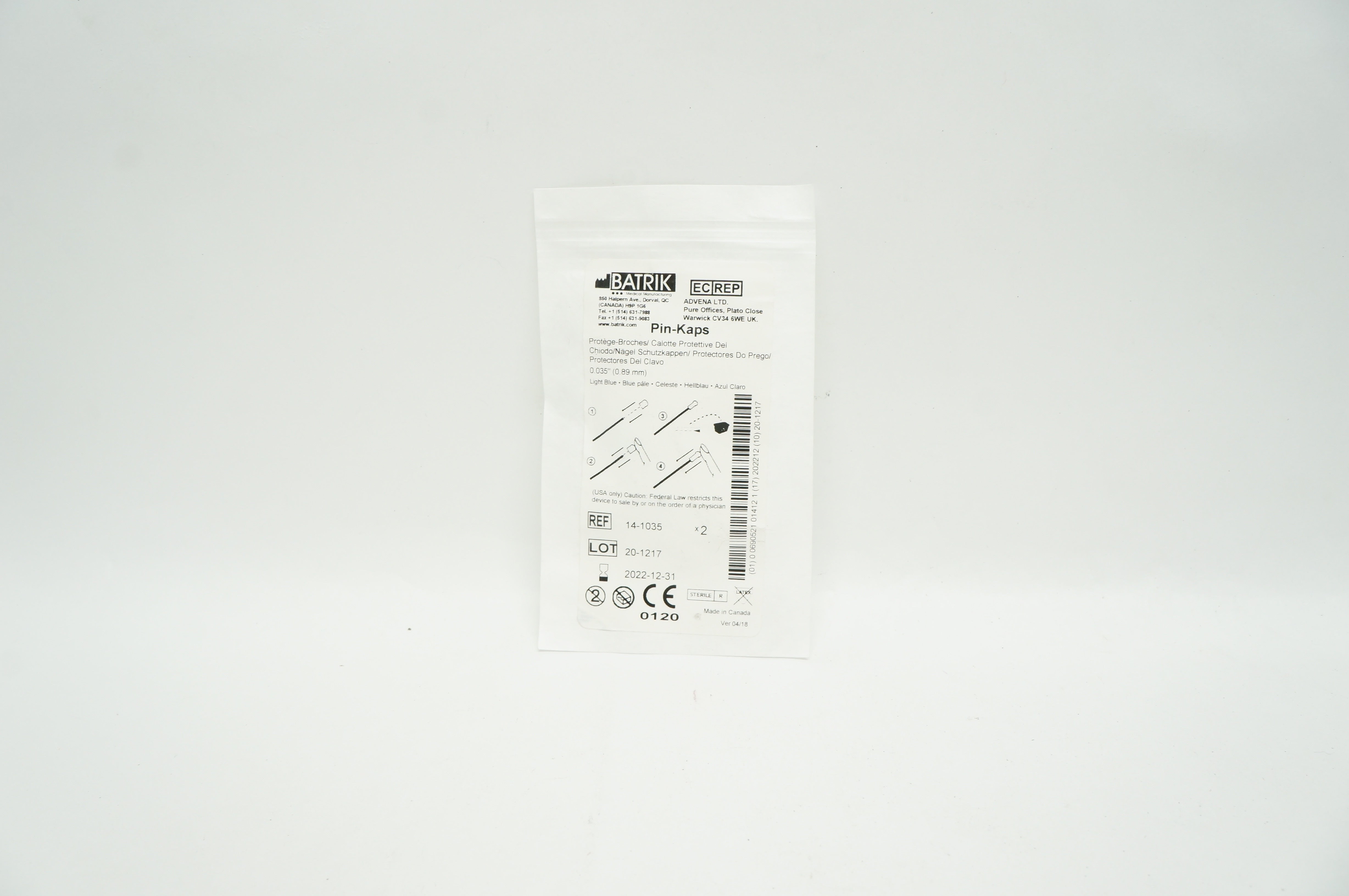 Batrik 14-1035 Pin-Kaps Cover Sterile, Light Blue  0.035 inch