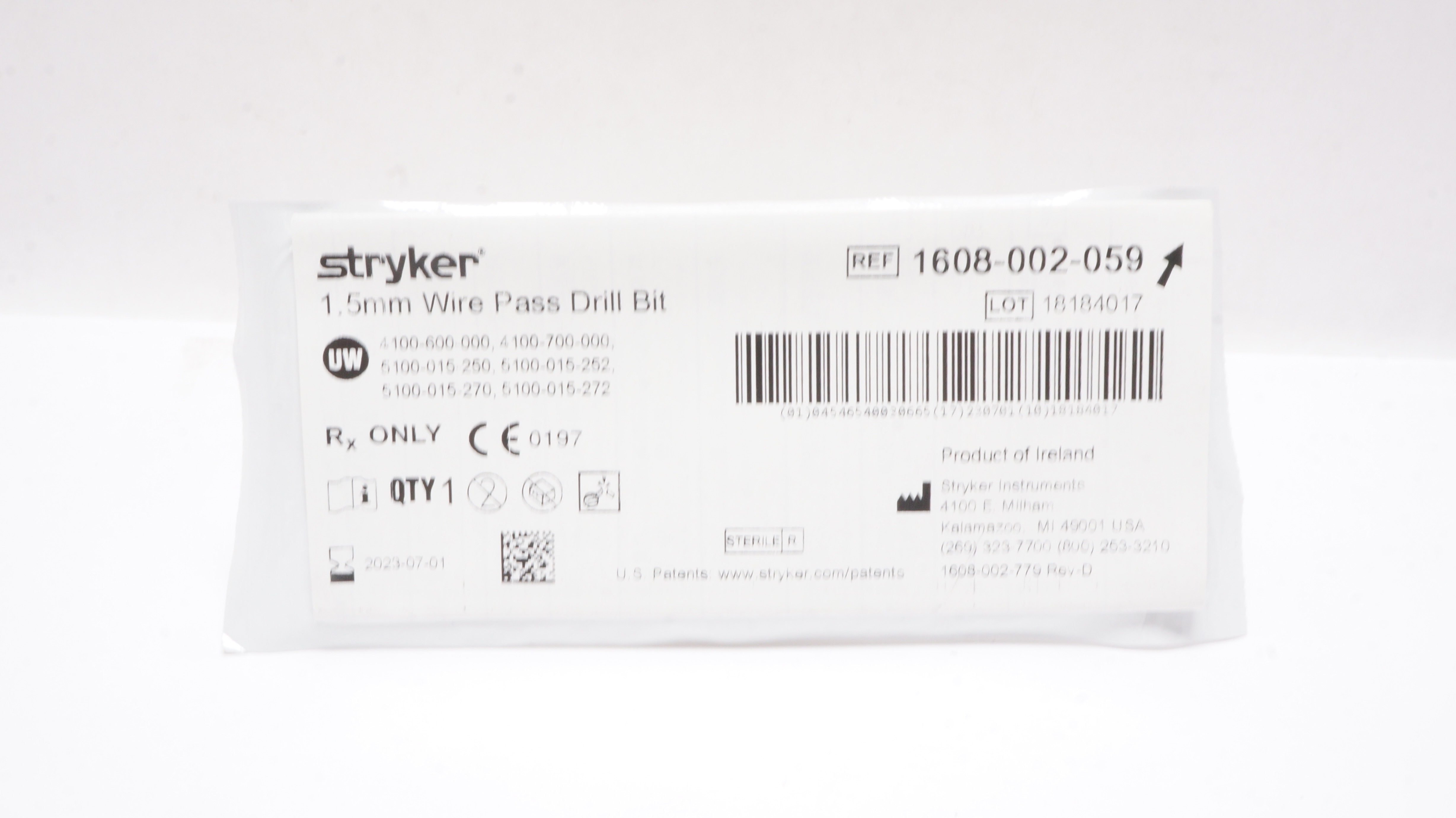 Stryker 1608-002-059 Wire Pass Drill Bit 1.5mm
