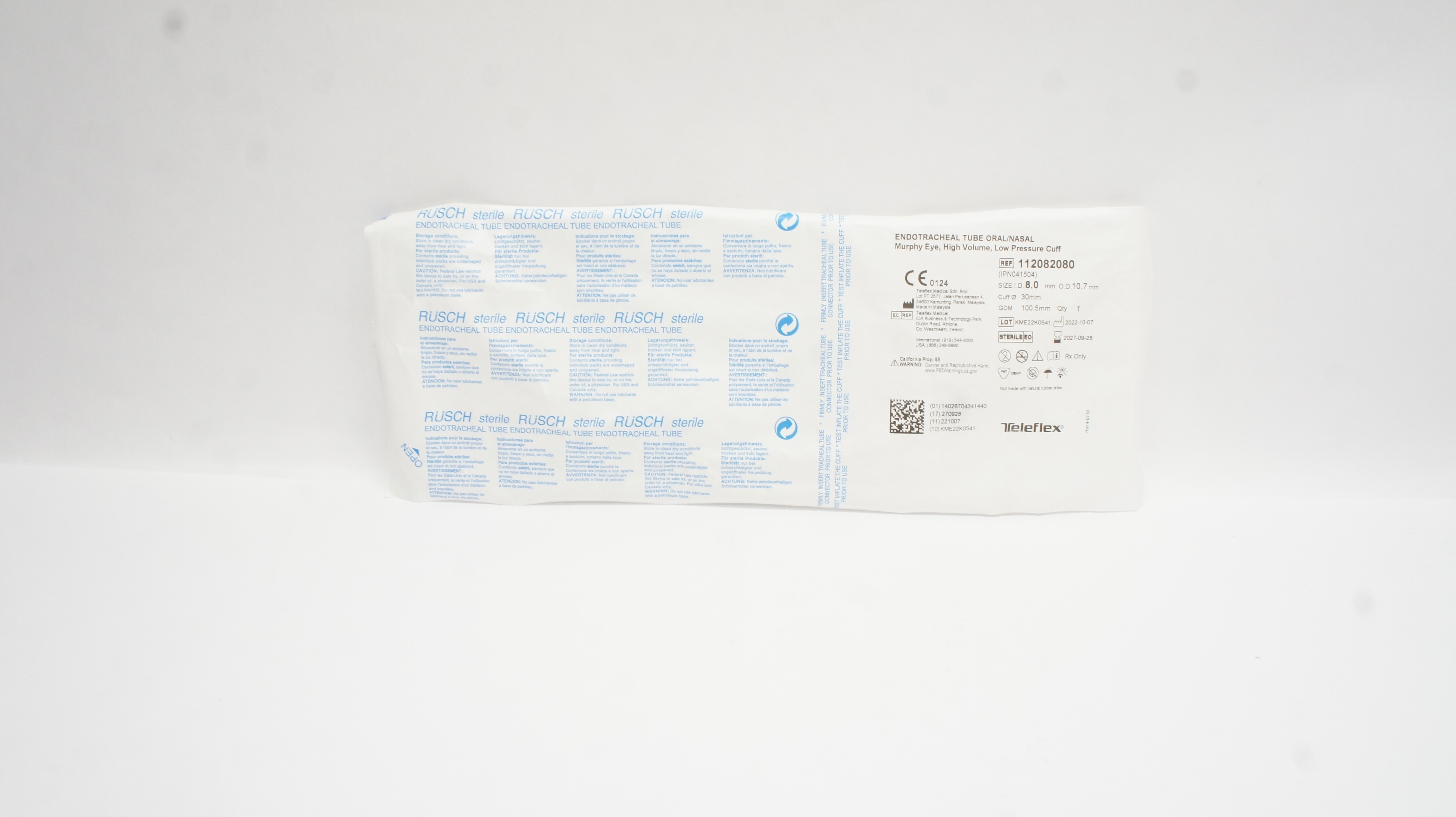 Teleflex 112082080 Rusch Endotracheal Tube Oral/Nasal 8.0mm ID x 10.7mm OD x 30mm