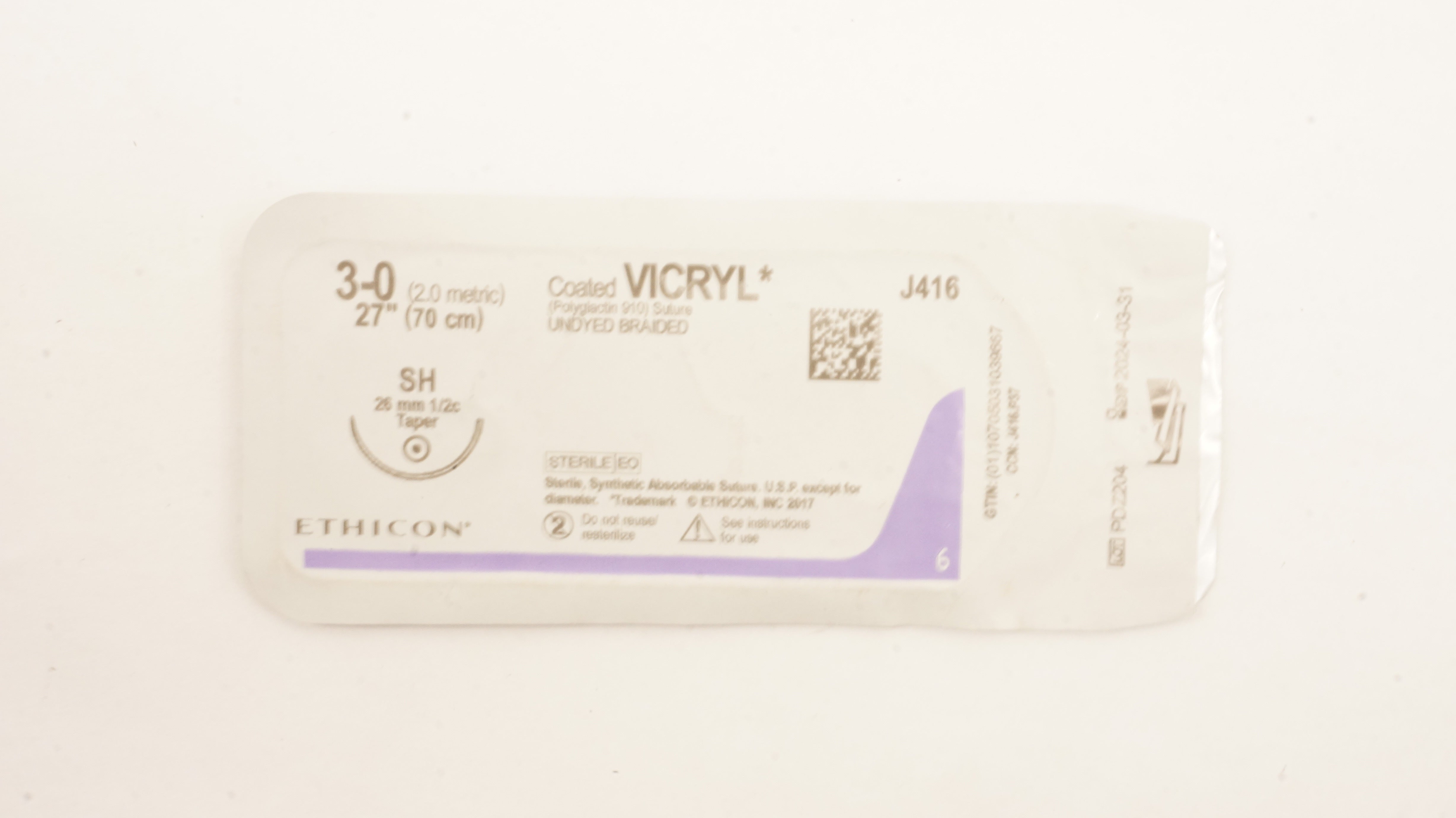 Ethicon J416 3-0 Coated Vicryl Polyglactin 910 Stre SH 26mm 1/2c Taper 27 inch